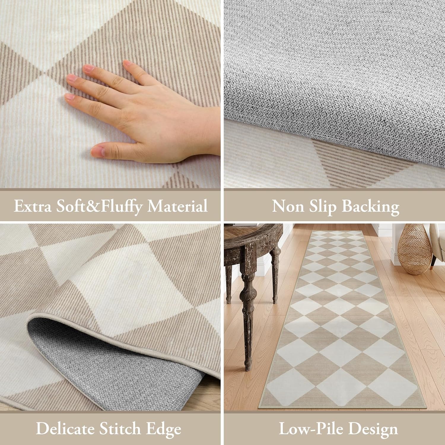 Beeiva Checkered Print Washable Indoor Door Mats for Entryway, 2x3 Non Slip Ultra Thin Bathroom Rugs Fit Under Door, Moroccan Diamond Decor Beige Small Rugs for Bedroom Kitchen Laundry Entrance - Image 6