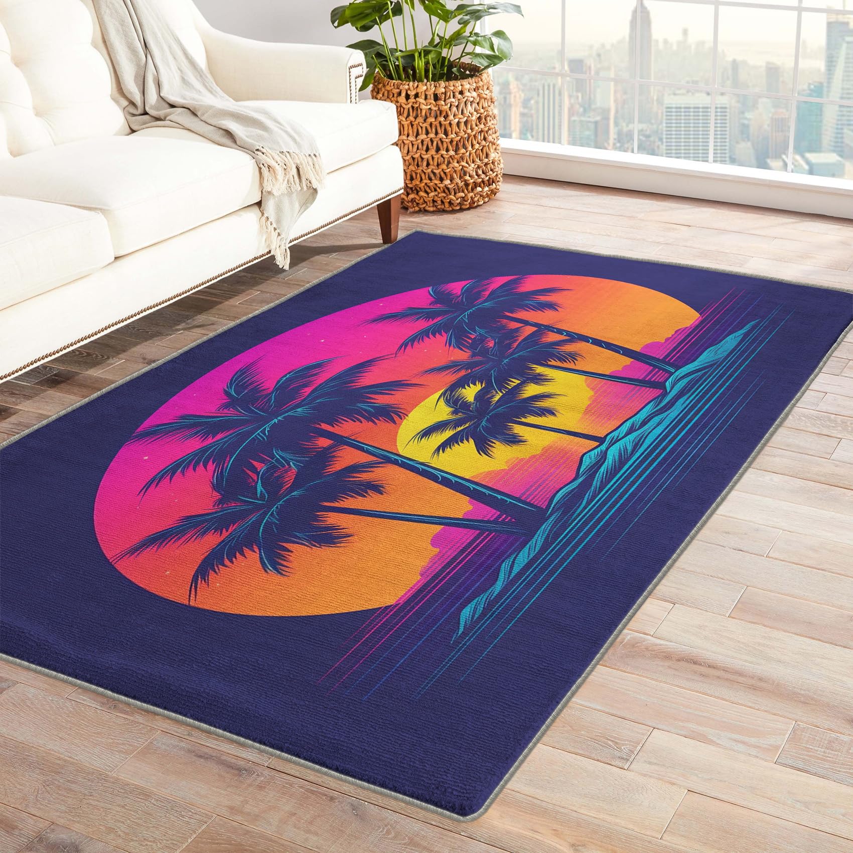 ZDABAOEC Palm Tree Rug, 3x5 Rug, Tropical Area Rugs for Bedroom Living Room Entryway, Neon Sunset Patterned Small Rug, Machine Washable Non Slip