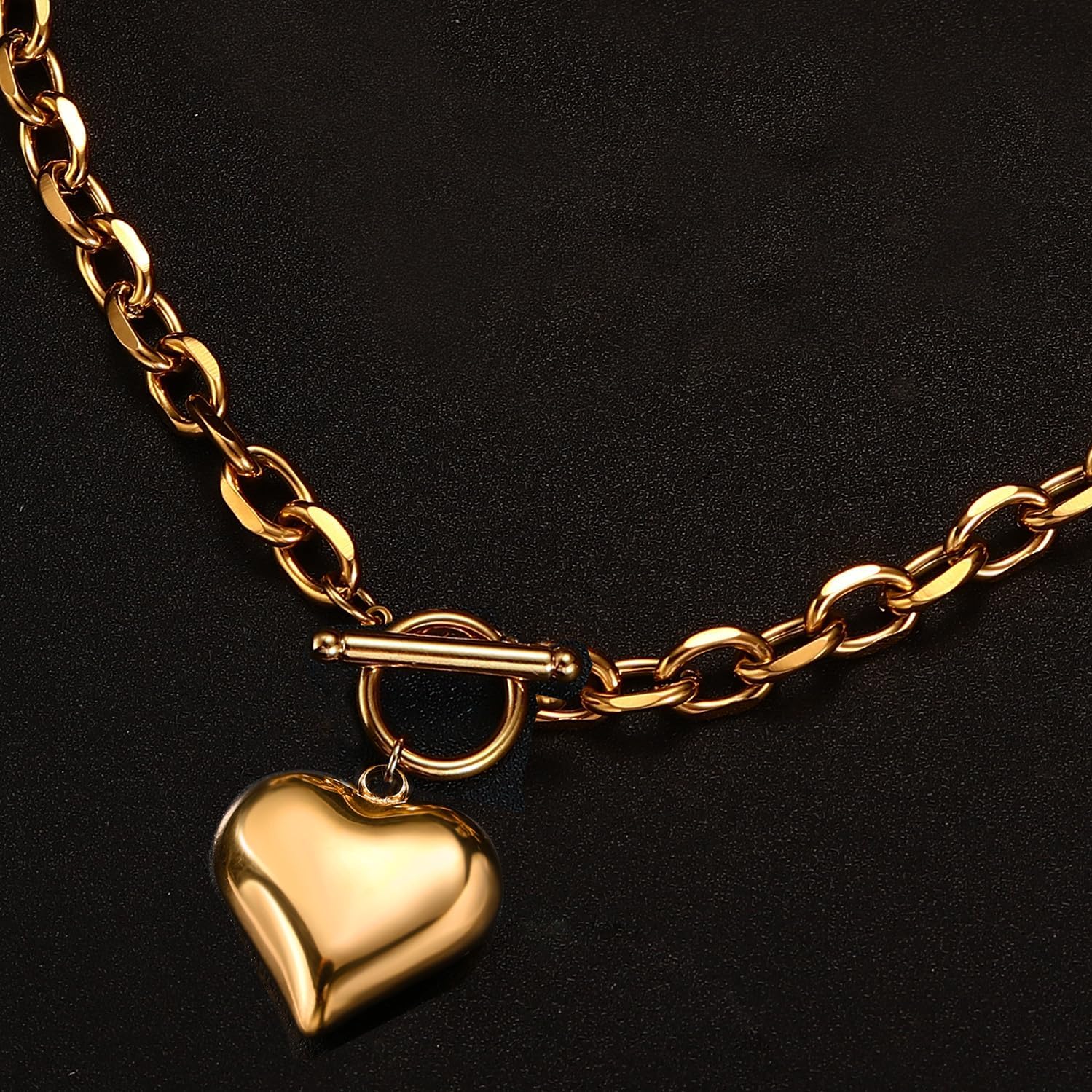 Stainless Steel Puffy Heart Pendant Thick Chain Statement Choker Collar Chunky Necklace for Women Toggle Clasp Birthday Gifts for Lover - Image 9