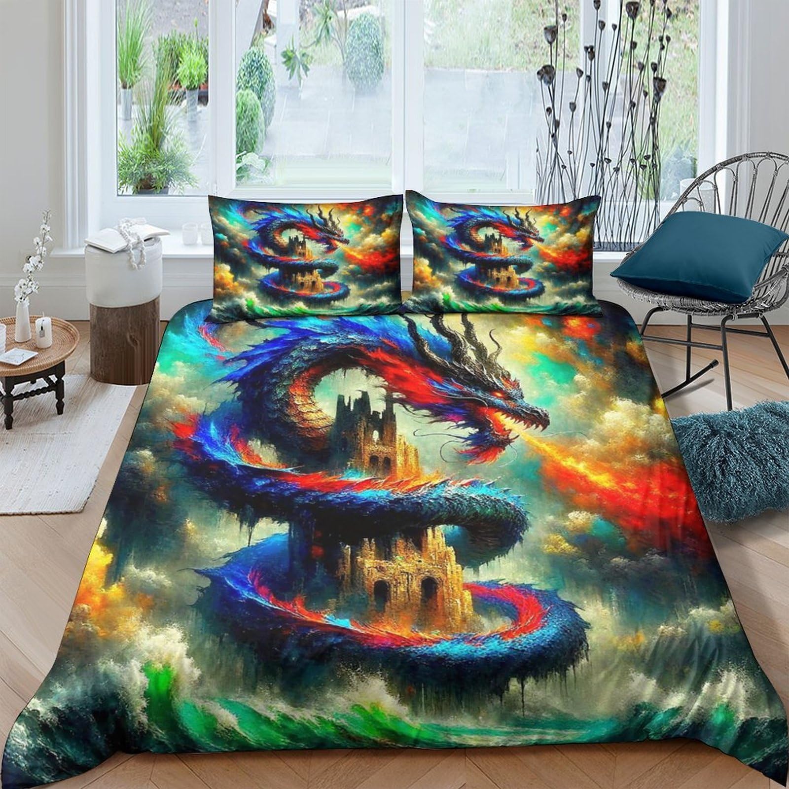 Parure de lit dragon 3D housse de couette zippée 200x200 cm