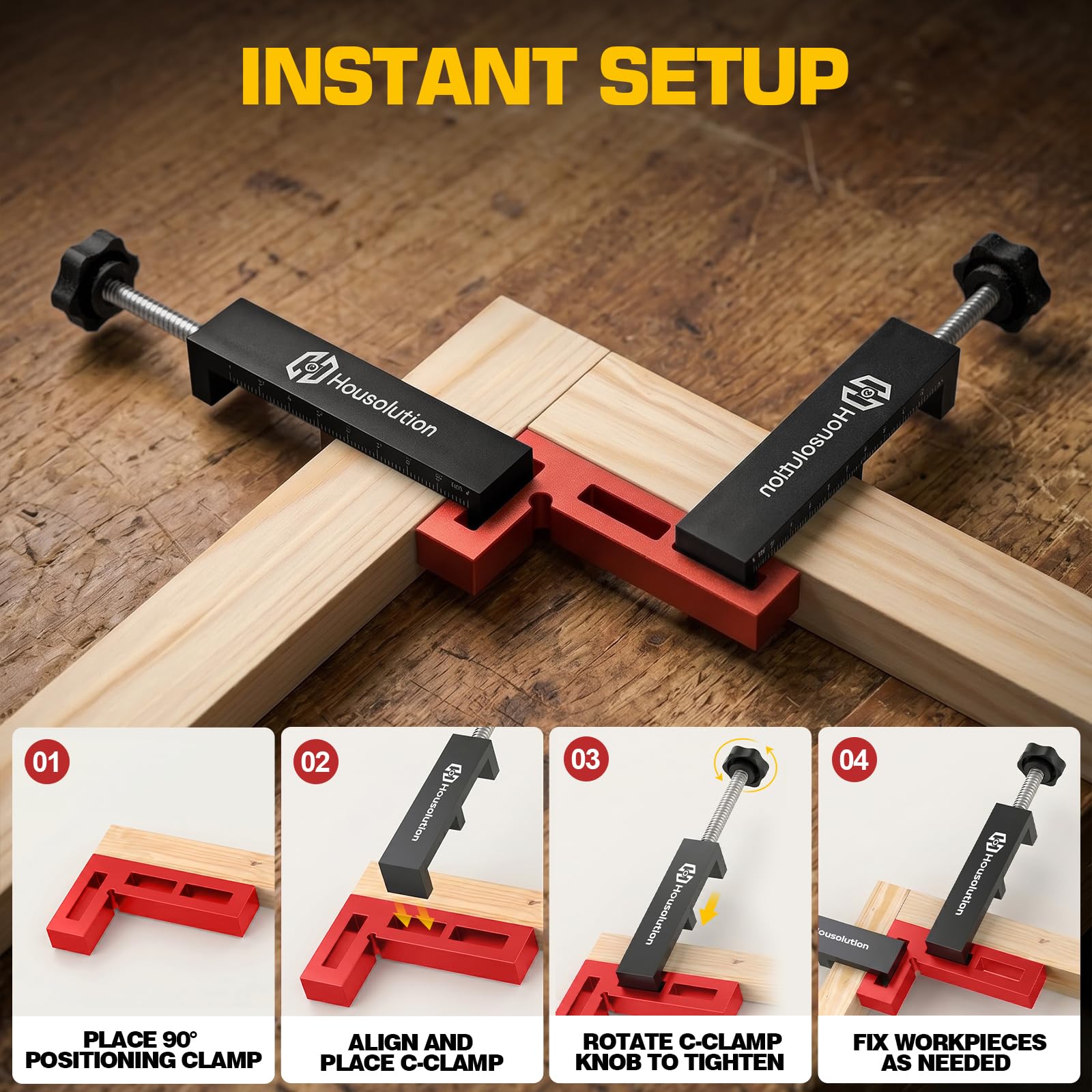 Housolution Serre-Joints d'Angle 90° pour Travail du Bois, Lot de 4, Rouge | 4,05"x2,2" Outil Carré Aluminium avec 4 Serre-Joints C, 1 Clé Allen, 4 Patins Antidérapants, Armoires, Cadres, Tiroirs