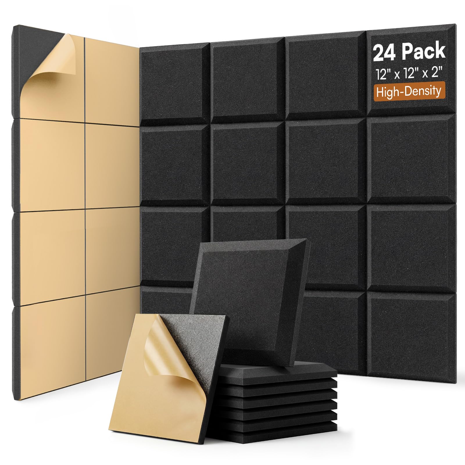 SODOCT 24 Pack Acoustic Foam Panels Flat Shape, Self-Adhesive 12 x 12 x 2 Inches, High-Density Acoustic Foam, Sound Proofing, Sound Absorbing Panels for Studio, Podcast, Home Office