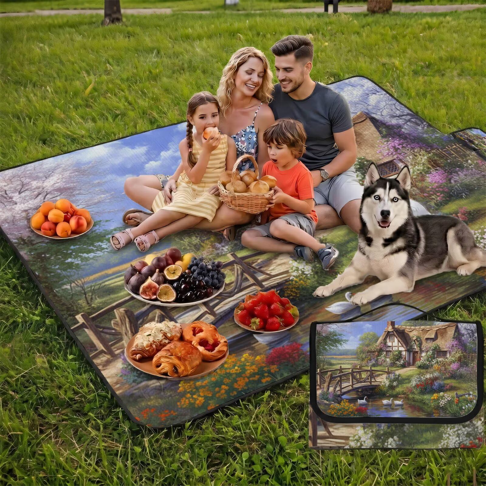 Couverture Pique Nique Grande 200x300cm,Outdoor Couverture Imperméable,Pliable Tapis de Plage Dos en PVC,Picnic Blanket pour Camping Accessoires,Jardin,Parc,Famille - Nature Sauvage,Campagne FZ-216