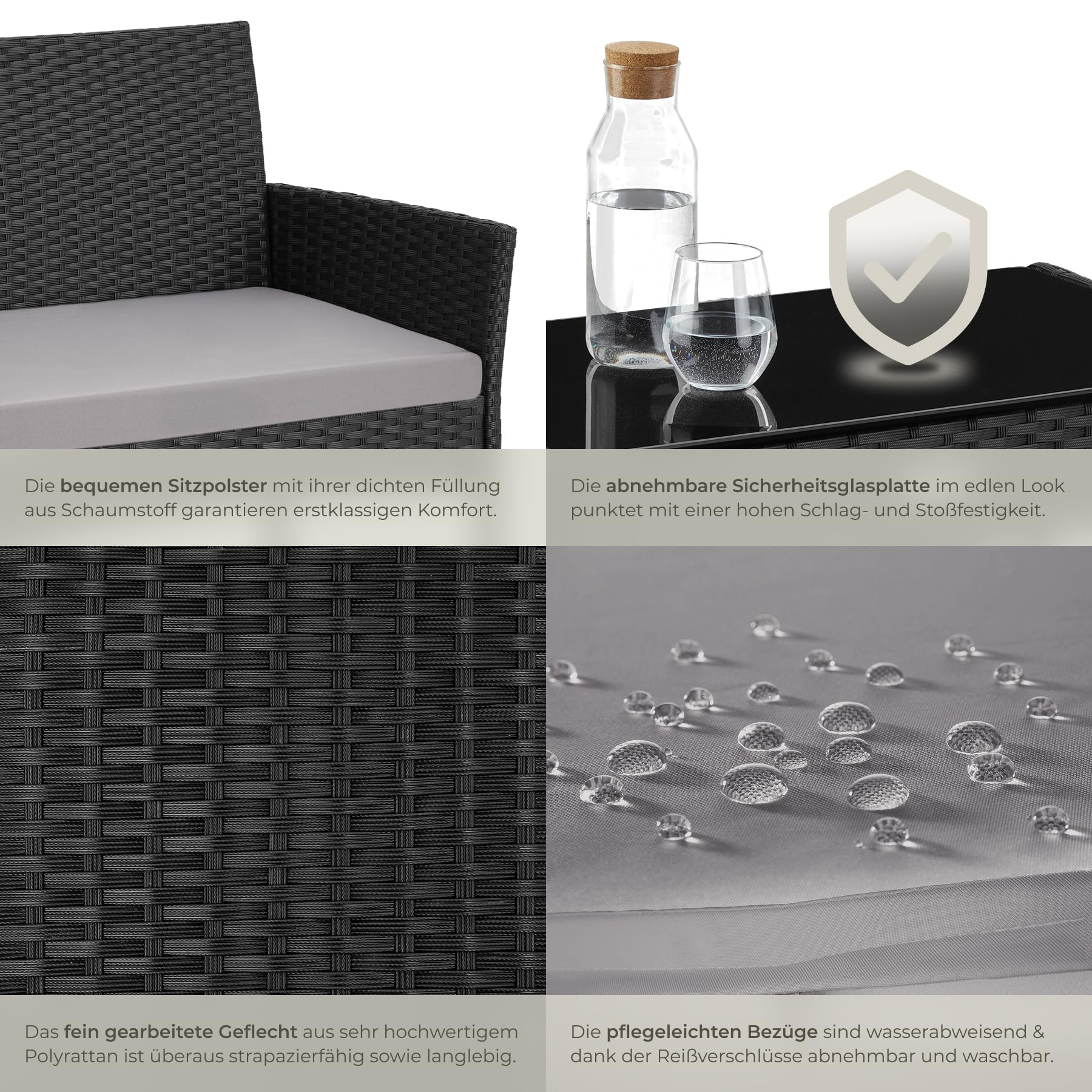 tectake® Rattan Gartenmöbel Set, Outdoor Lounge Möbel,1x Gartenbank, 2X Stuhl, 1x Balkontisch, mit Outdoor Kissen wetterfest, Balkonmöbel Kleiner Balkon, Lounge Gartenmöbel, Terrassenmöbel - schwarz