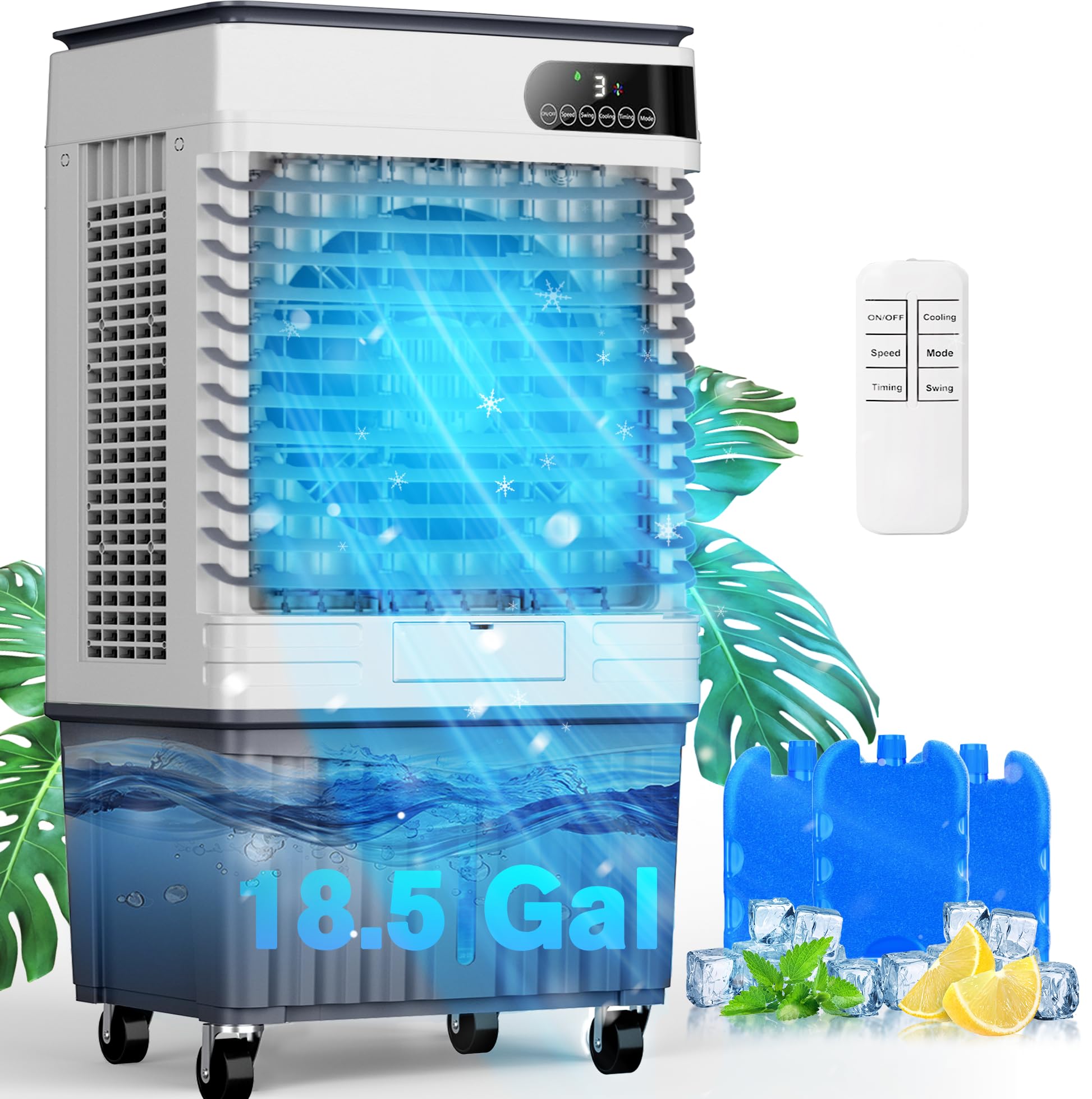 Acondicionadores de aire Swamp Cooler 4 en 1 Enfriador evaporativo portátil Enfría hasta 1500 pies cuadrados Tanque grande de 18.5 galones para enfriamiento 24/7 Ventilador de enfriamiento de bajo ruido con control remoto Se adapta a habitaciones grandes