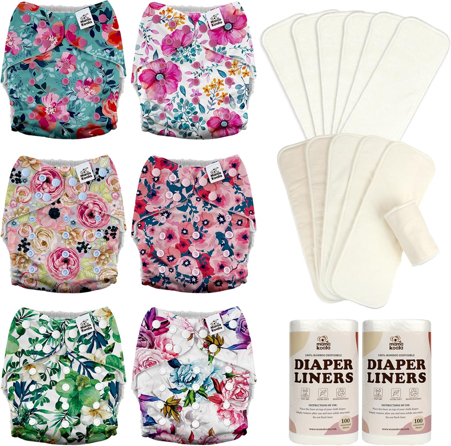 Mama Koala 3.0 Baby Cloth Diapers with 6 Inserts Bundle, with 6pcs 6-Layer Bboo Hemp Cotton Inserts, and 2 Rolls Natural Liners
