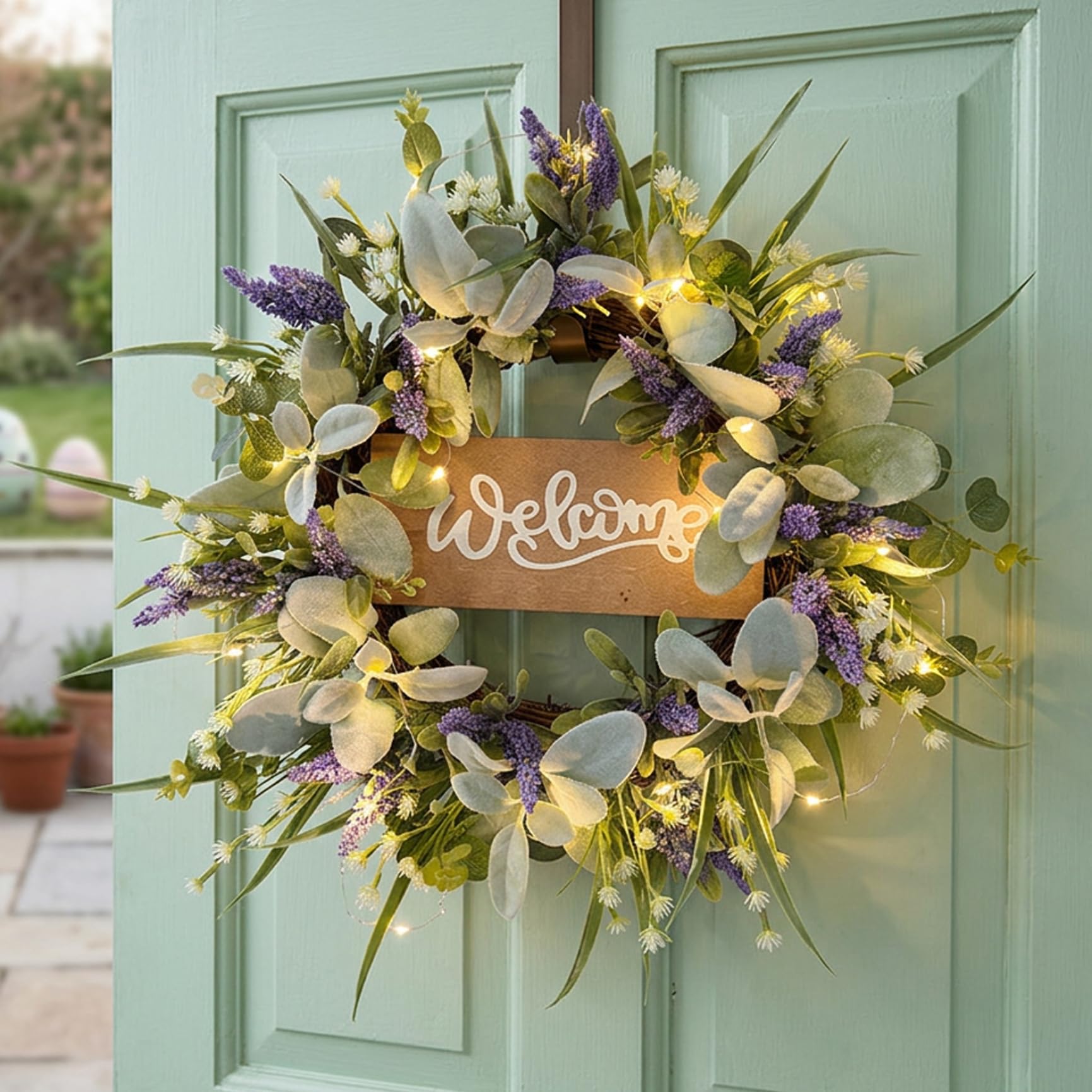 Latemeia Purple Spring Wreaths For Front Door, 20 Inch Artificial Lavender And Rabbit Ear Leaves Wreath With Led Lights, Warm White Lights For Indoor Outdoor Front Door Decor, Spring Wreaths For