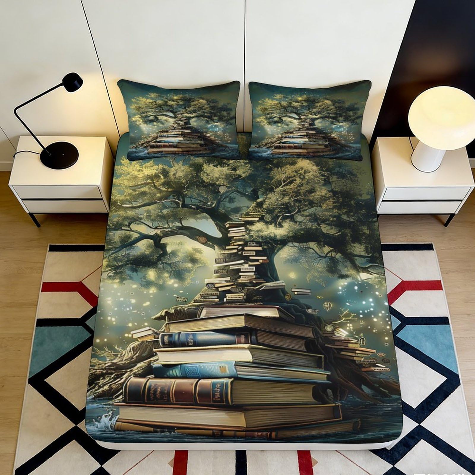 3D Printed Christmas Tree Fitted Sheet Microfiber Deep Pocket Non-Slip Bedroom Xmas Mattress Fitted Cover Washable 140x200x25cm