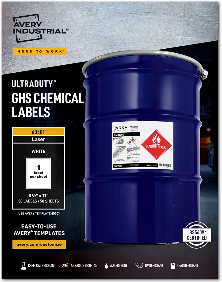 UltraDuty® GHS Chemical Labels for Laser Printers, Waterproof, UV Resistant, 8.5 x 11, 50 Pack (60501)