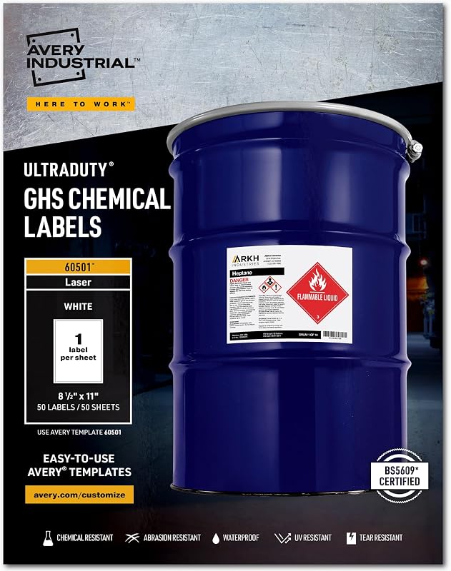 UltraDuty® GHS Chemical Labels for Laser Printers, Waterproof, UV Resistant, 8.5 x 11, 50 Pack (60501)