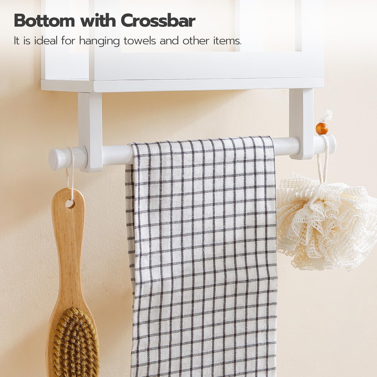 HOOBRO Towel Racks for Bathroom Wall Mounted, Towel Holder for Rolled Bath Towel, Towel Storage Rack with Bamboo Shelf and Bottom Towel Bar for Small Bathroom, Living Room, White WT23LB01