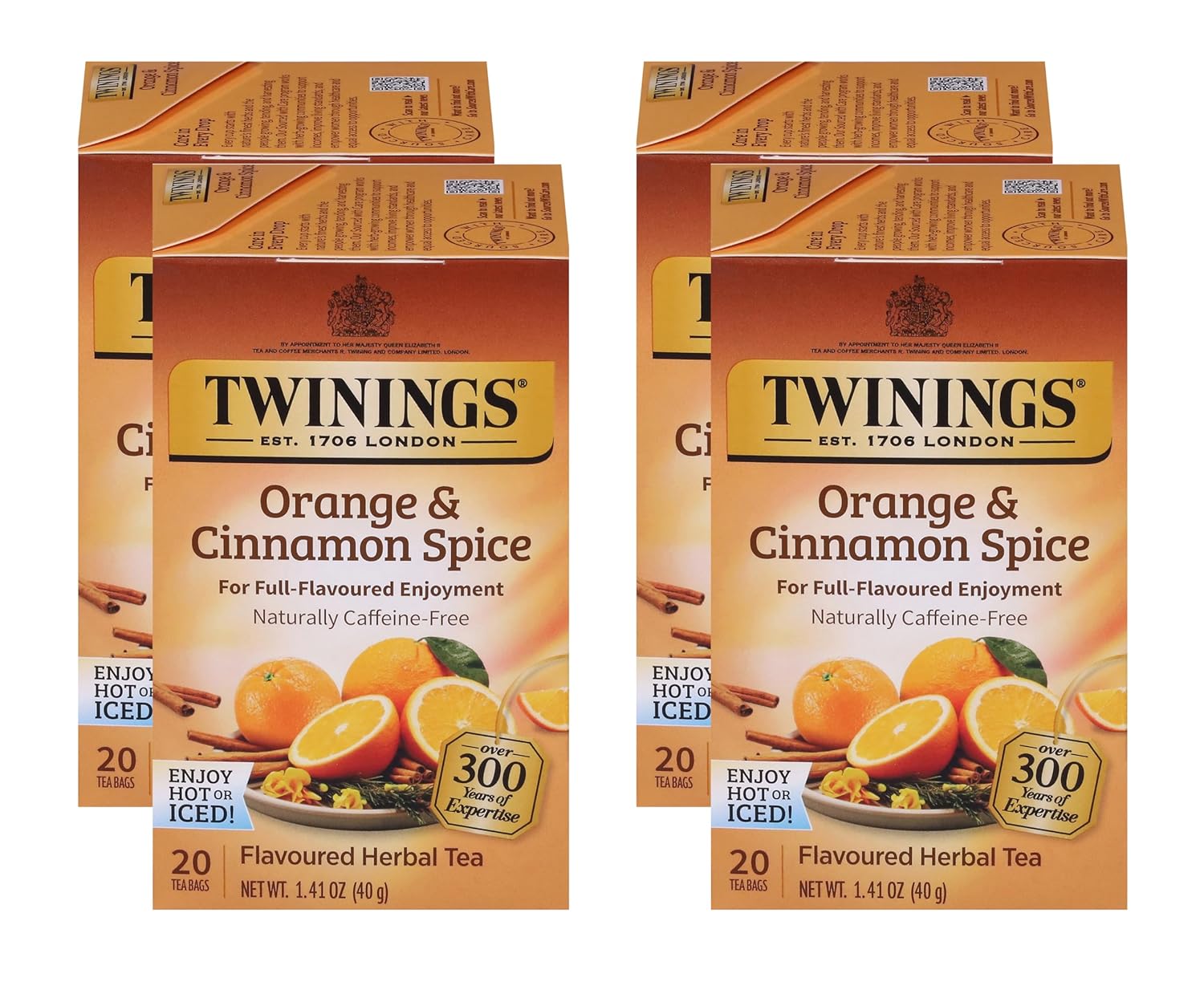 Twinings Orange & Cinnamon Spice Herbal Tea Individually Wrapped Bags, 20 Count (Pack of 4), Naturally Caffeine-Free, Enjoy Hot or Iced, 80 Teabags