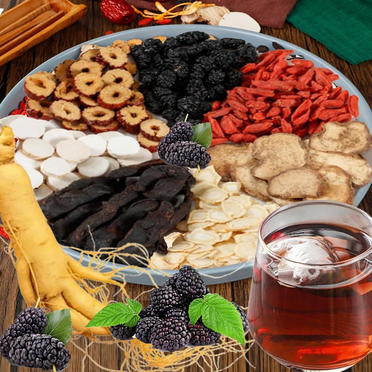 Ginseng & Mulberry Herbal Tea,Kidney Tea Formula Ginseng Six Treasure TeaBags,Treasure Kidney Cleanse and Wolfberry(30pcs)