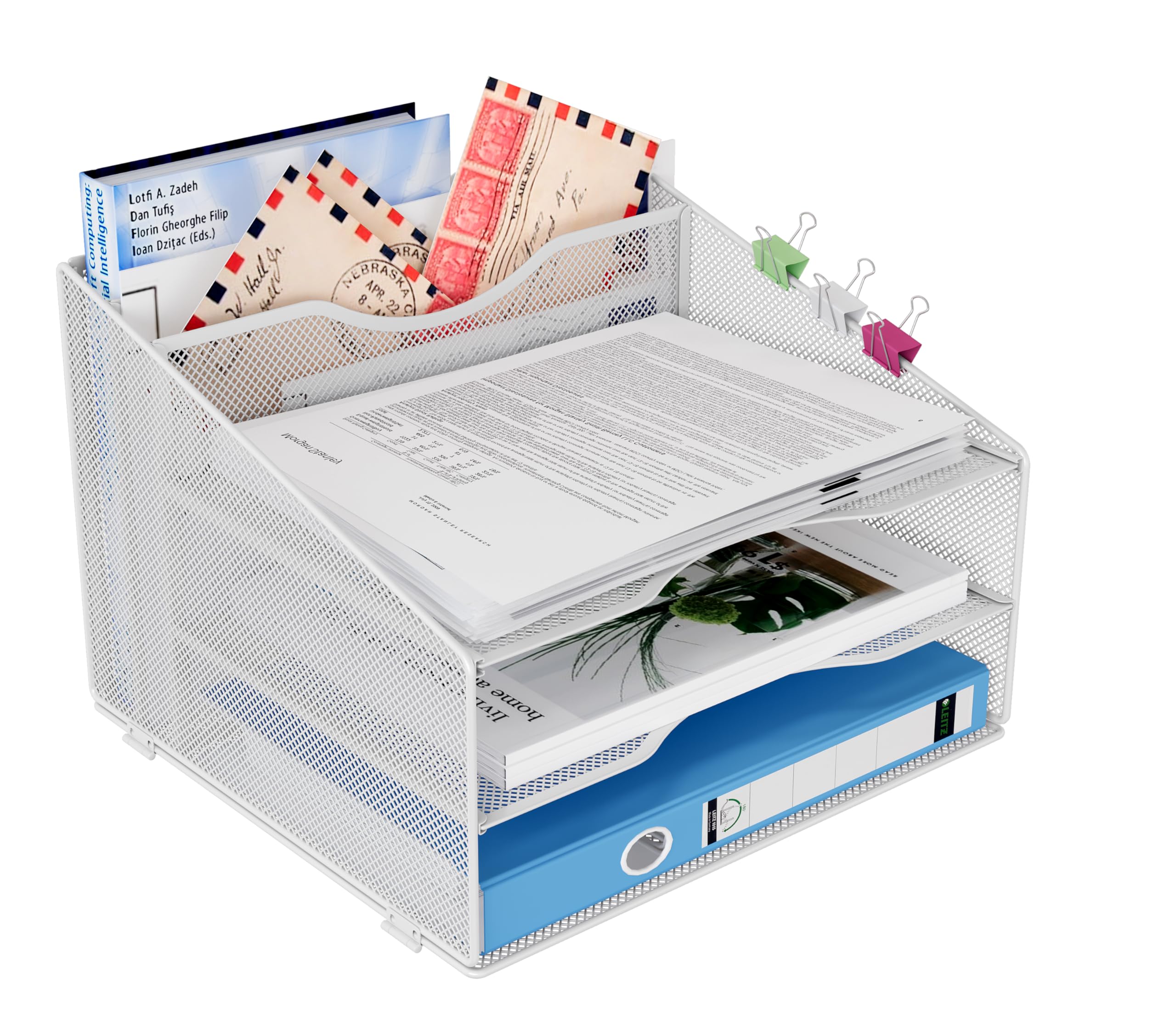 5 Compartimentos Organizador Archivador A4 Ahorra Espacio, Bandeja Documentos para Oficina y Hogar, Clasificador Papel Mantiene Orden, Metal, Blanco