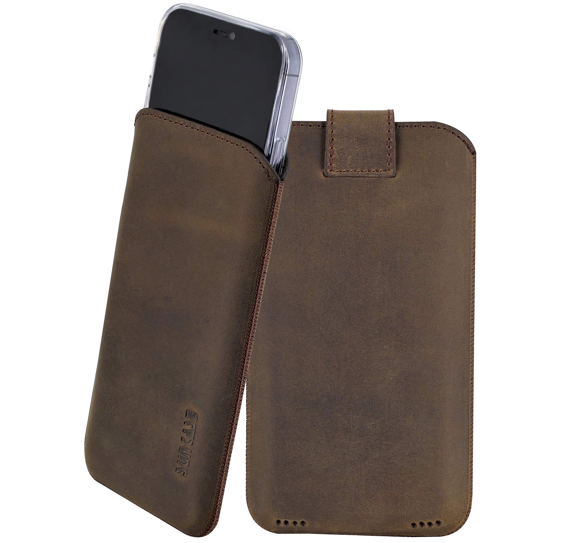 Suncase Etui Tasche kompatibel mit iPhone 16 Pro Max (6,9 Zoll) Hülle mit ZUSÄTZLICHER Case/Schale/Bumper Lasche mit Rückzugfunktion Handytasche Ledertasche Schutzhülle in antik-braun