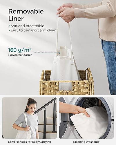 Miniatura 6 de SONGMICS Canasta de lavandería con tapa, cesto de ropa de 23.8 galones (90 L) de ratán sintético con tapa y asas, plegable, forro extraíble