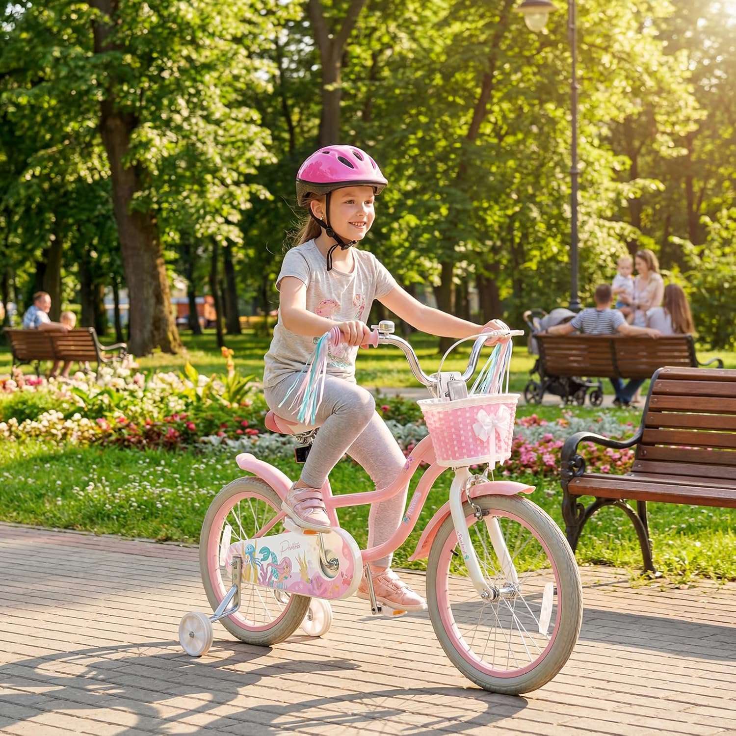 BABY JOY Kids Bike, 12" 14" 16" 18" Mermaid Girls Bike for 3-8 Years Old w/Basket, Training Wheels, Hand & Coaster Brakes, Adjustable Seat & Handlebar, 20" Children Bicycle with Kickstand for 8+