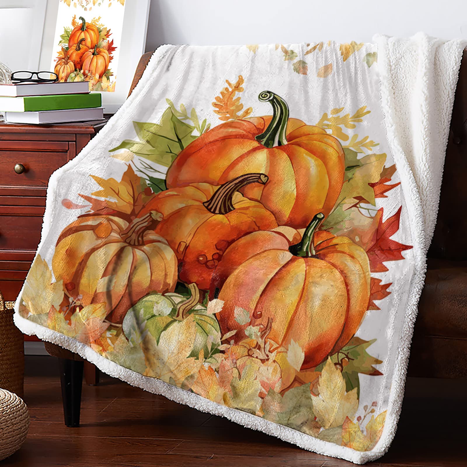 Amazon.com: Sherpa Fleece Throw Blanket Orange Pumpkin Thanksgiving Fall  Maple Leaf Watercolor Reversible Fuzzy Warm Cozy Throws,Farm Harvest Super  Soft Plush Bed TV Blankets for Living Room Couch/Sofa/Travel : Home u0026  Kitchen
