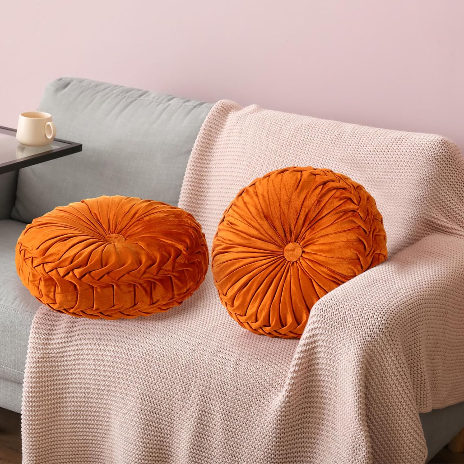 2 Pcs Round Throw Pillows 14.17 Inch Decorative Velvet Pleated 3D Round Pillows