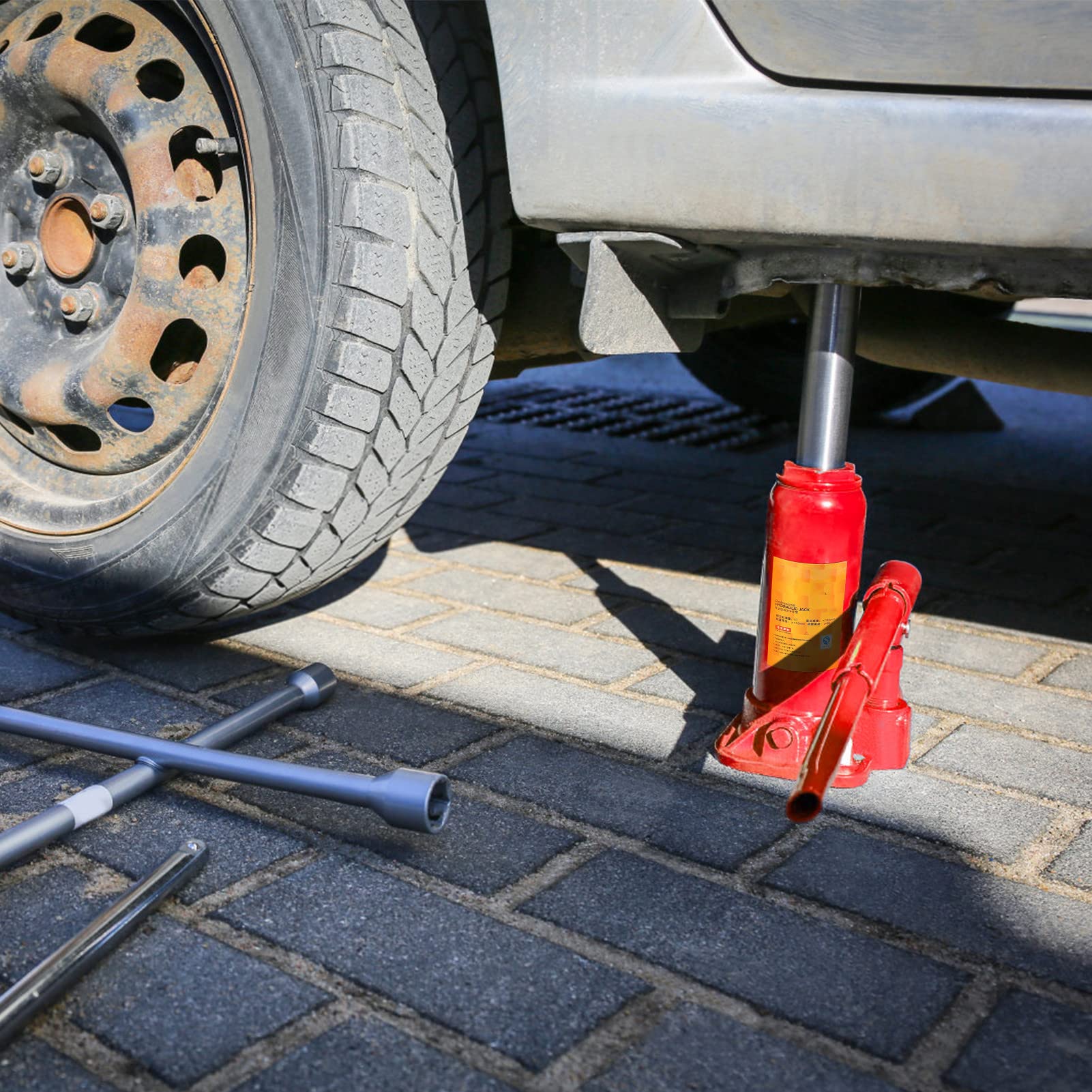 Cric Idraulico a Bottiglia 2T, Sollevamento Verticale, Base Allargata | Sollevatore a pistone in acciaio, per officina e manutenzione auto, fusione integrale rinforzata, vite regolabile antisc