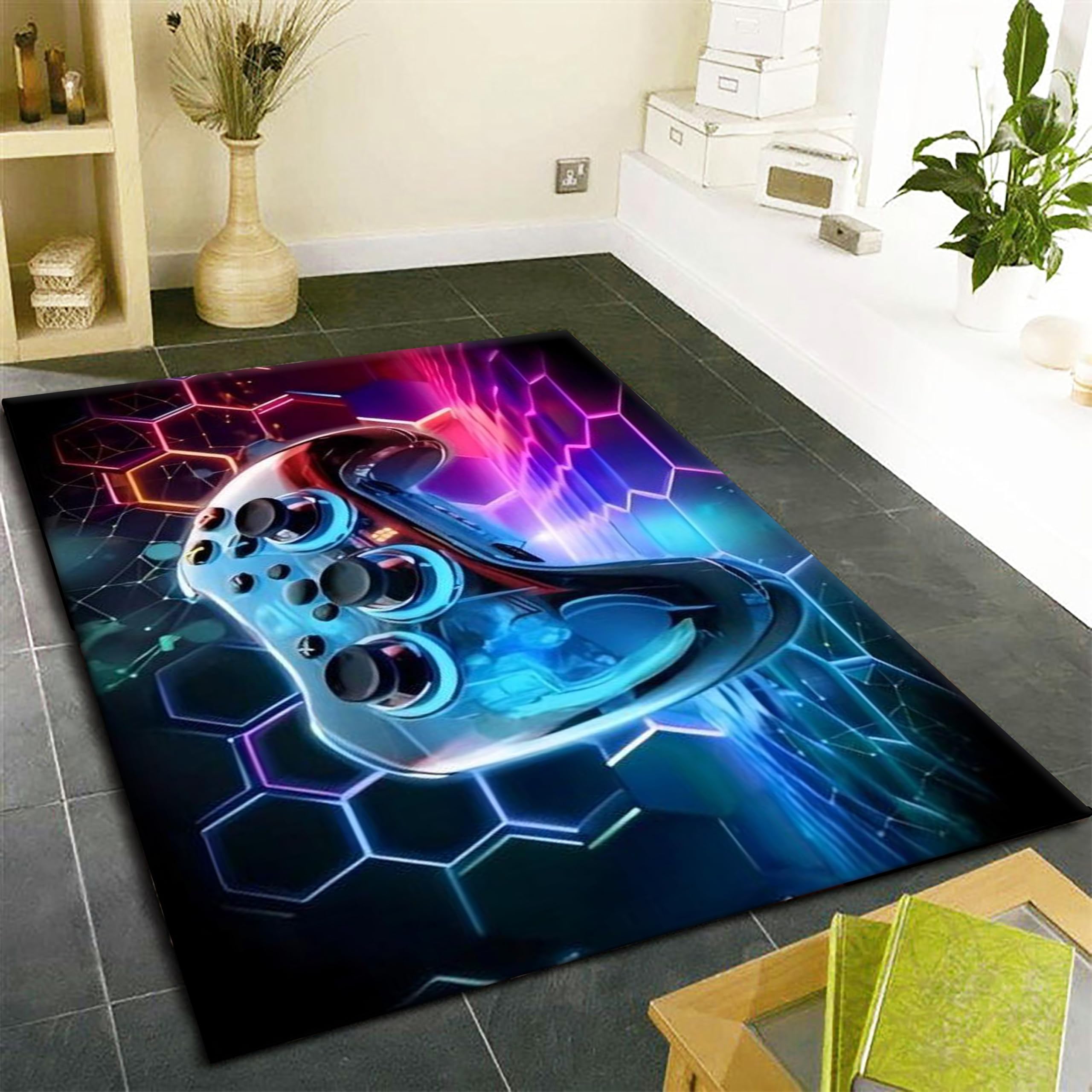 3D Gamepad Bereich Teppiche, 70x140cm, Cool Geometrisch Gaming Zimmer Dekor Zusammen mit, Spiel Regler Niedrig Stapel Einfach Sauber Teppich für Jungs, Beständig für Leben Zimmer