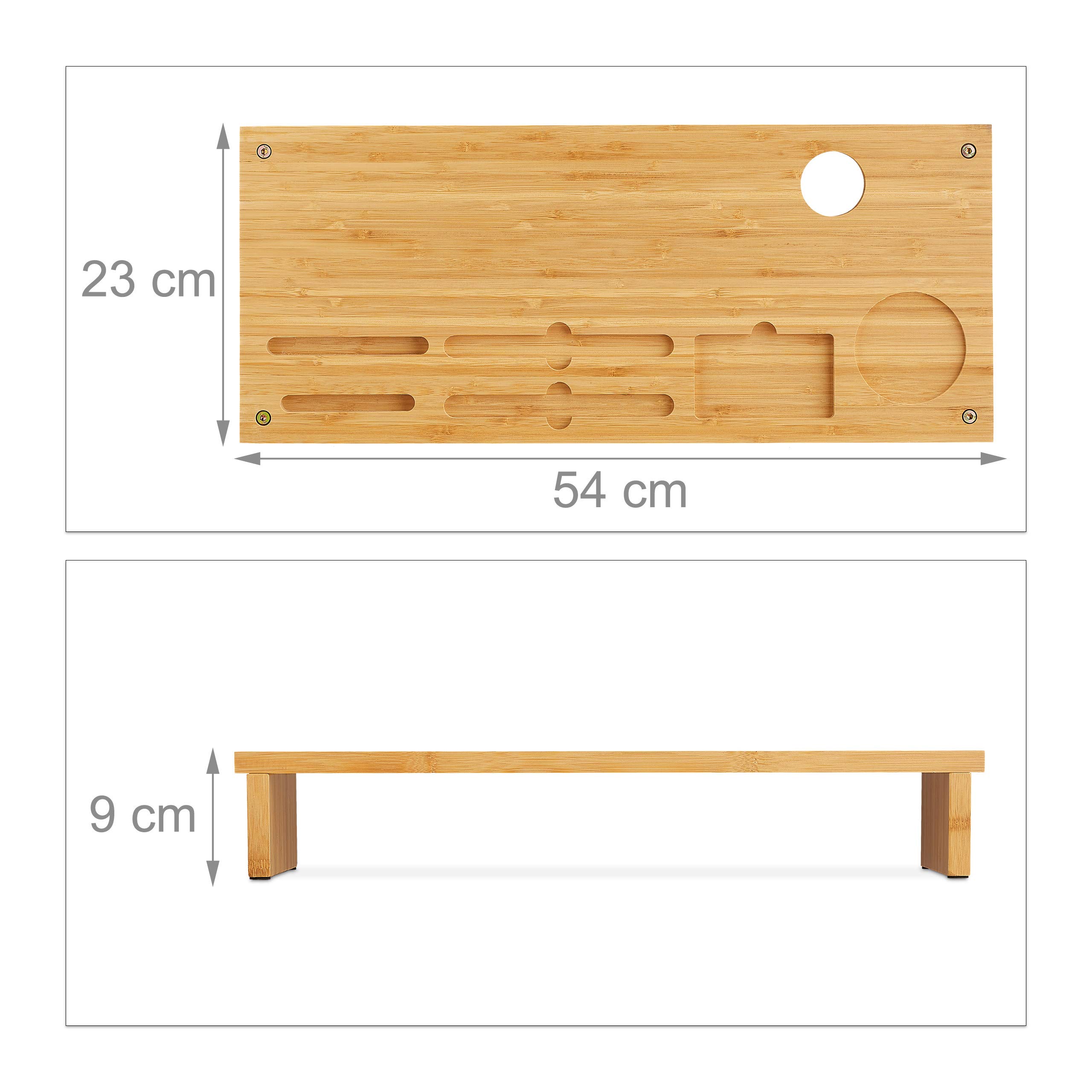 Relaxdays Soporte Monitor Bambú, con Compartimentos, Sobremesa, Elevador Pantalla para Escritorio, 9x54x23 cm, Natural