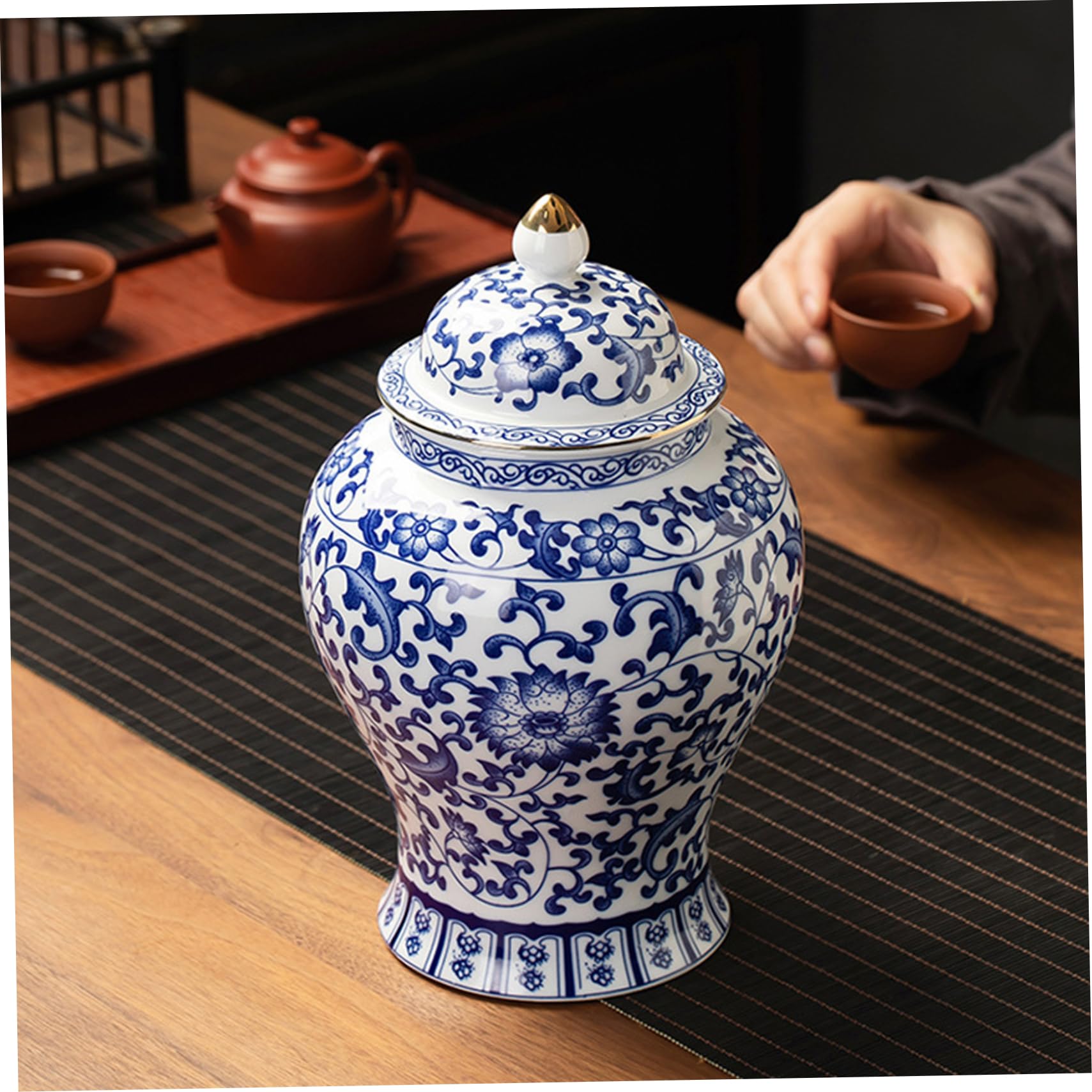 Frascos de jengibre para decoración del hogar, frascos de jengibre azul y blanco decorativos de cerámica con tapa, decoración de jarrones de porcelana para mesa, sala de estar, estantería#
