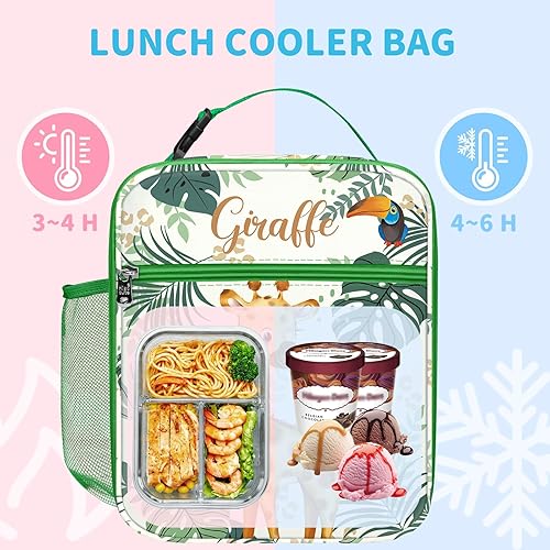 Miniatura 2 de Clastyle Lonchera aislada de jirafa amarilla para niños, animales verdes, bolsa de almuerzo escolar, bolsa grande portátil para picnic al aire