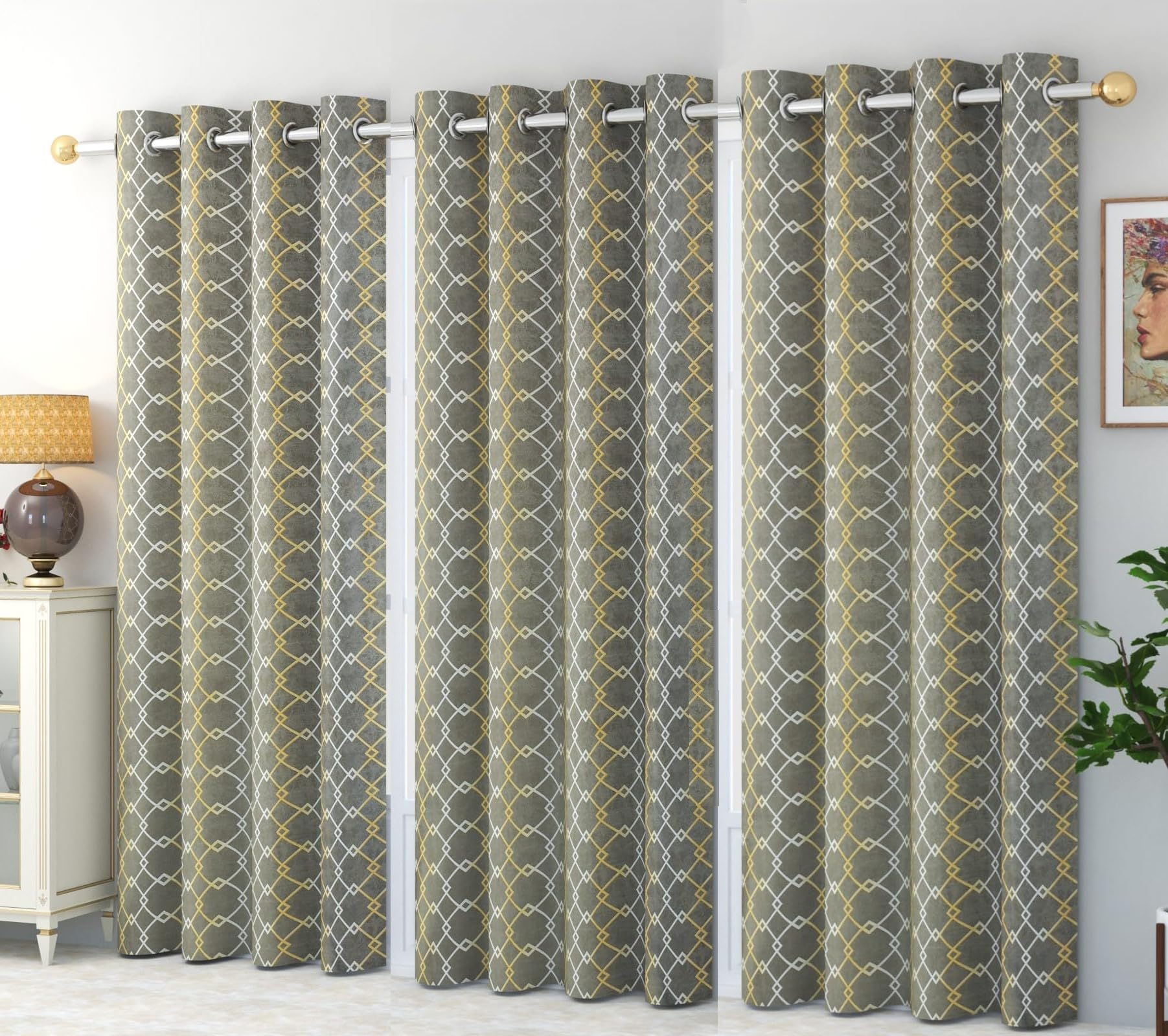 WO FLORA Latest Check Pattern Window Curtains for Living Room | Drawing Room Parde | Curtain Panel for Door, Grey Color 5 Feet 3 Pcs Set Curtains