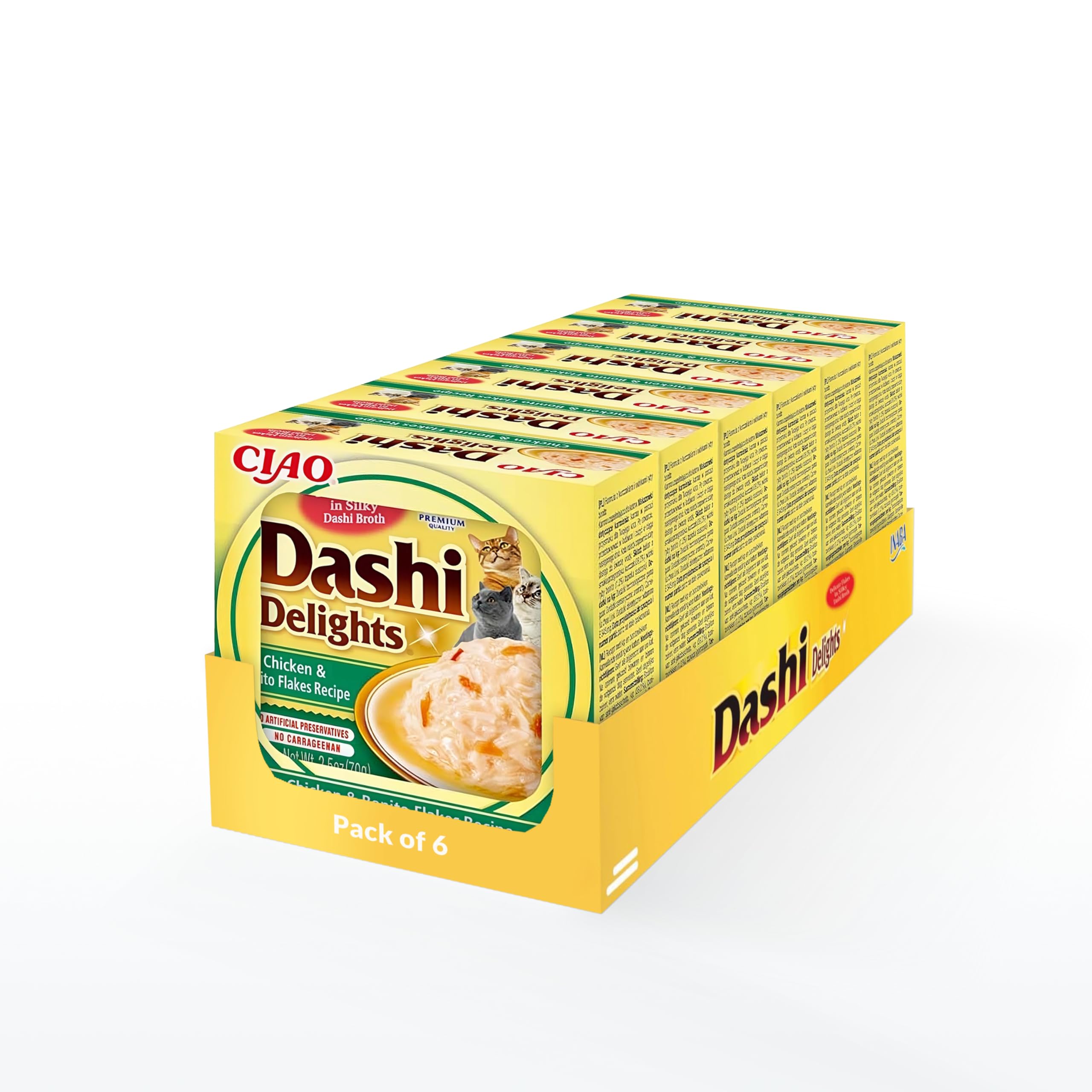 INABA Dashi Delights: Chicken & Bonito Flakes Recipe (6 x 70g) / Bits in Broth Cat Food Topping, Rich in Protein, Natural Ingredients, Delicious and Healthy, Wet Cat Food