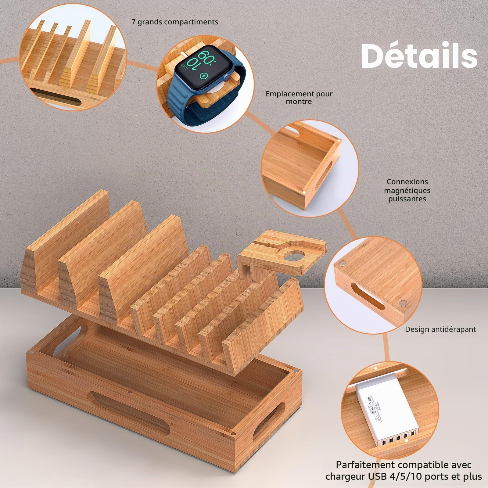 Pezin & Hulin Support de Station de Charge en Bambou avec 5 Ports USB, 5 câbles de Charge, Support de Montre, Support de Station d'accueil en Bois, Organiseur électronique pour Plusieurs appareils,