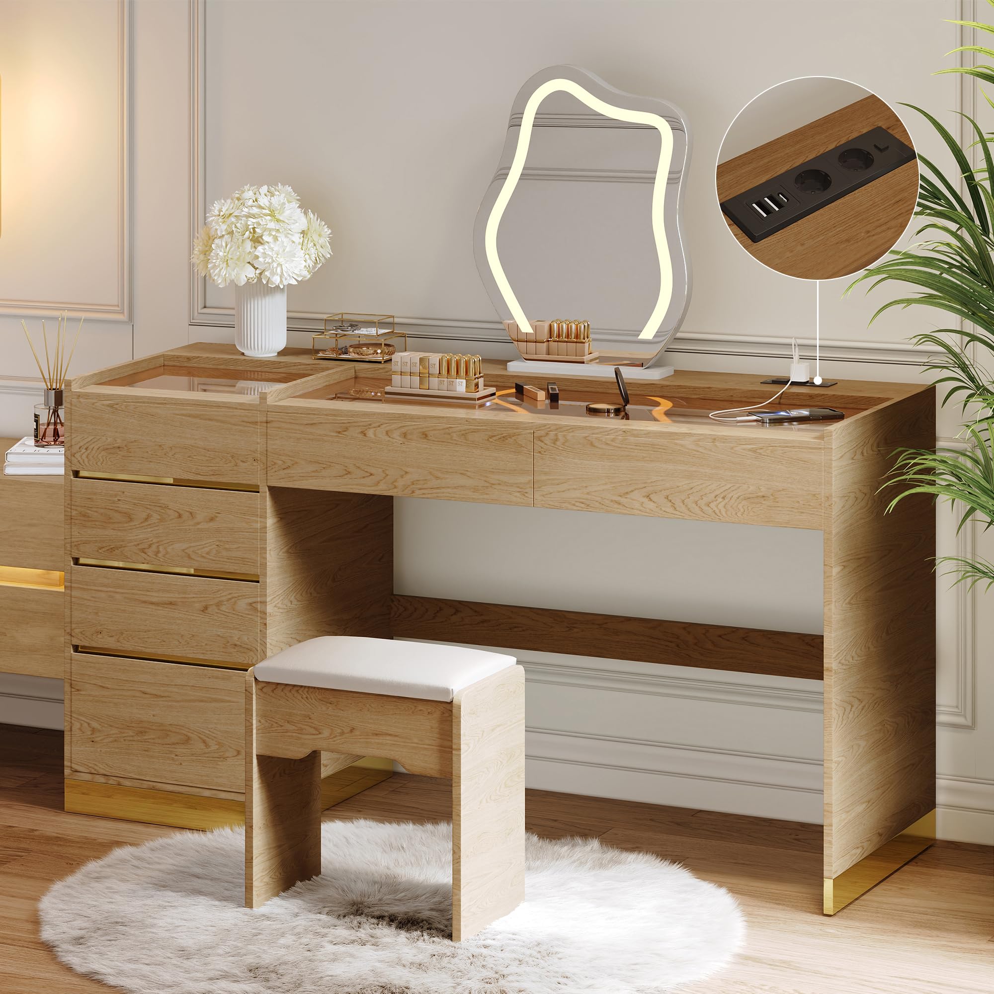 Homary Tocador de Maquillaje 140 cm con Taburete, Tocador de Maquillaje Moderno con Espejo LED, Mesa de Cristal con USB y Joyero con LED Luz, Natural