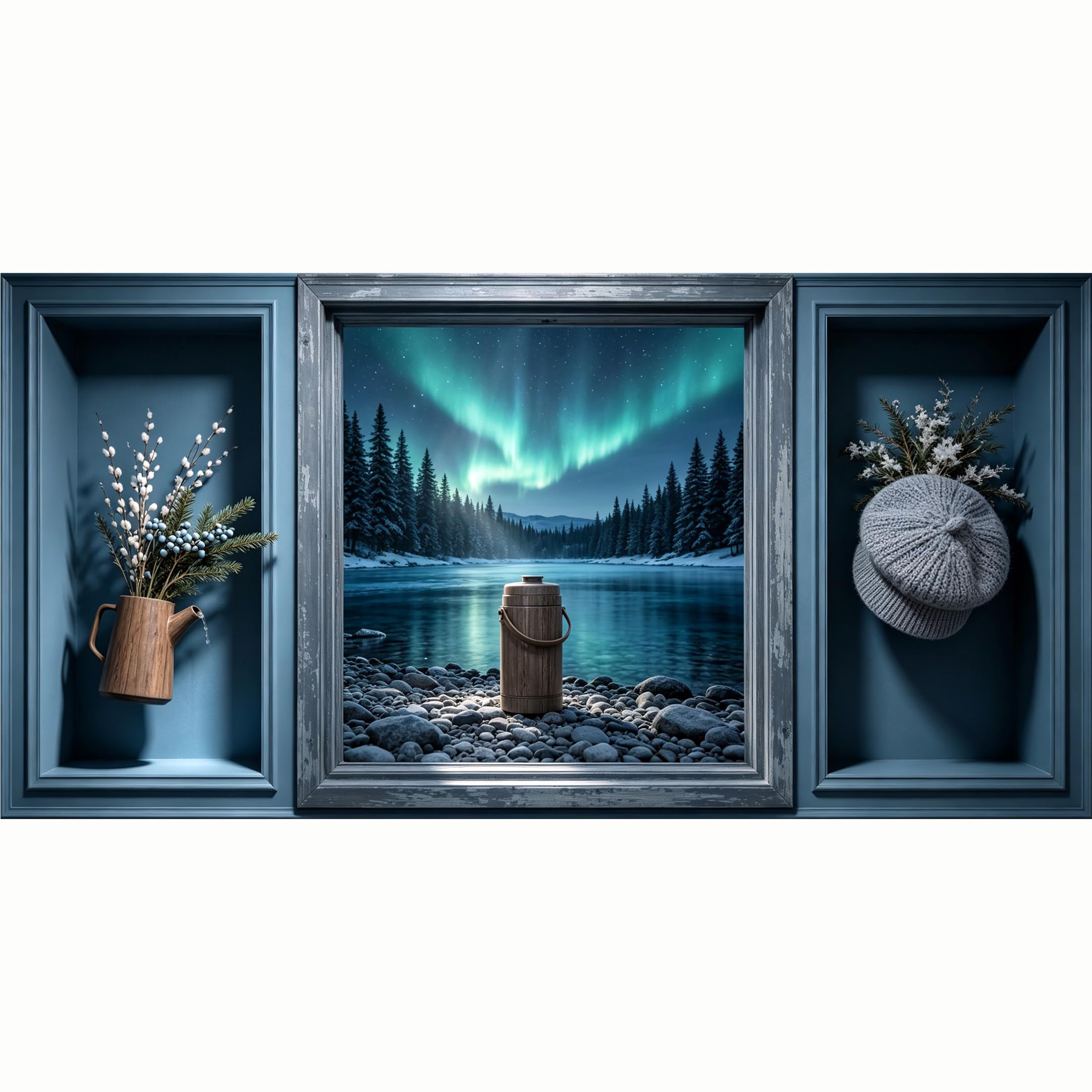 QZLITHOTIC 50x100cm 3D Framed Wall Art， Northern Lights Aurora Borealis Snowy Forest Lake Landscape SelfAdhesive Mural， WaterActivated Peel & Stick Fabric Decor Wall Decal for Bedroom Living Room
