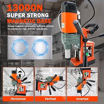 Magnetic Drill Press, 1400W Mag Drill Press with 2 Dia. 2922lbf/13000N Mag Force, 810 RPM Electric Drilling Machine with Stepless Speed & Reversible Direction for Metal Surface & Home Improvement