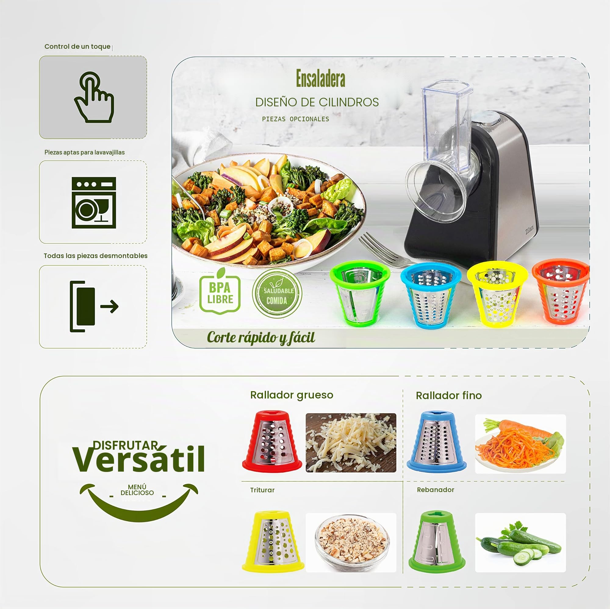 Zilan - Cortador de verduras eléctrico, 4 en 1, rascador de mandolina verduras frutas, 200W
