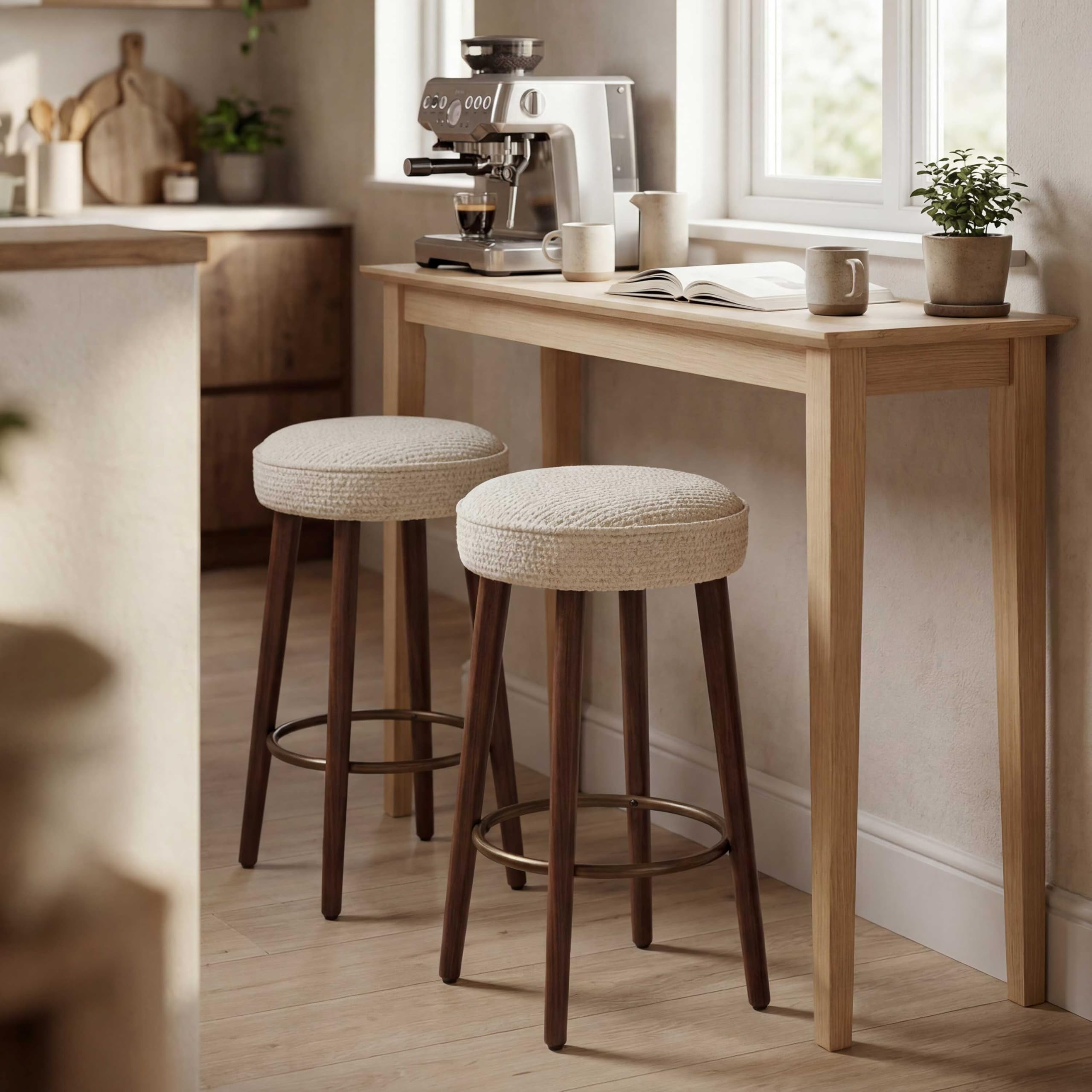 Set of 2 Chenille Bar Stools, 68cm Counter Height Upholstered Kitchen Bar Chairs with Solid Wood Legs, Modern Kitchen Island Stools for Breakfast Counter, Dining Room, Home Bar, Beige — view 8