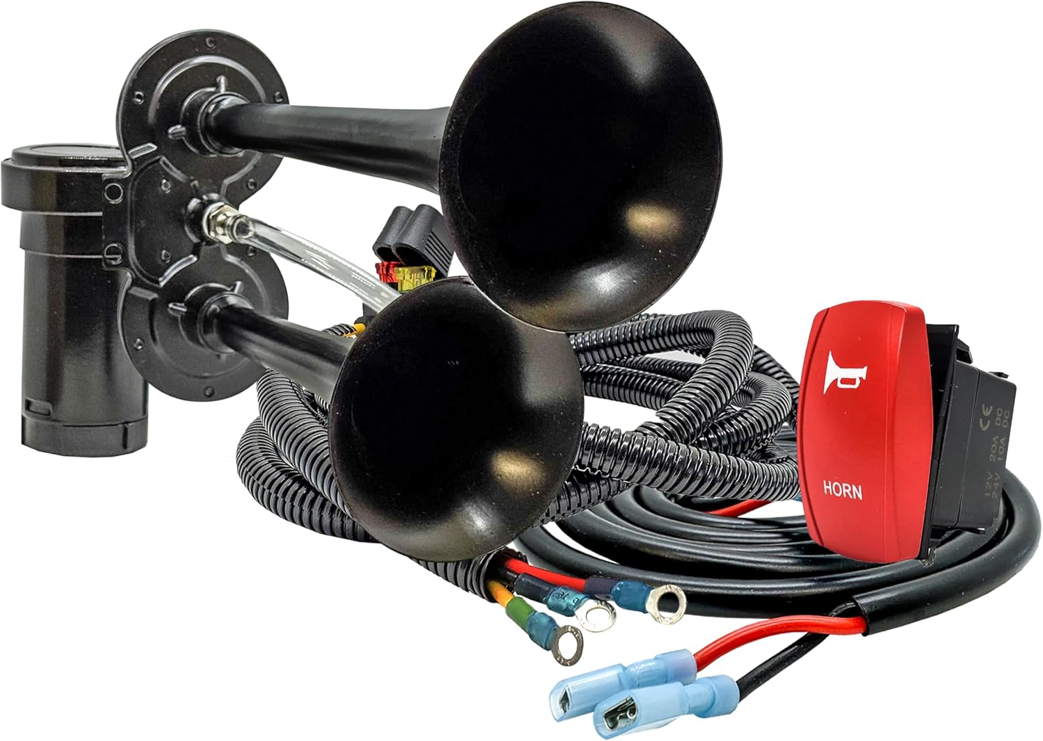 Air Horn Dual Trumpet with Power Busbar Wire Harness Kit Compatible with 2018-2025 Can-Am Maverick X3 Max RS Turbo RR Sport Trail Commander Defender.