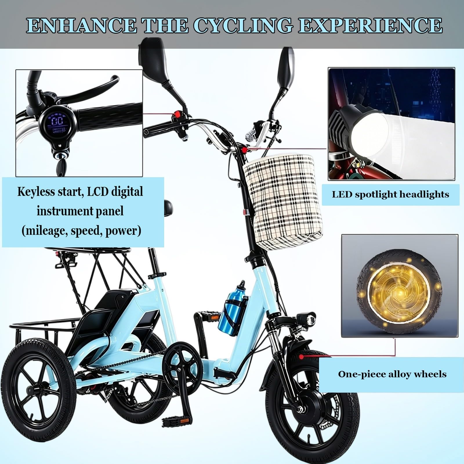 Tricycle électrique Adulte 48V Pliable, vélo Cargo, Batterie Amovible, Freins à Disque Doubles, Suspension, Panier Avant, Porte-Bagages arrière, Bleu