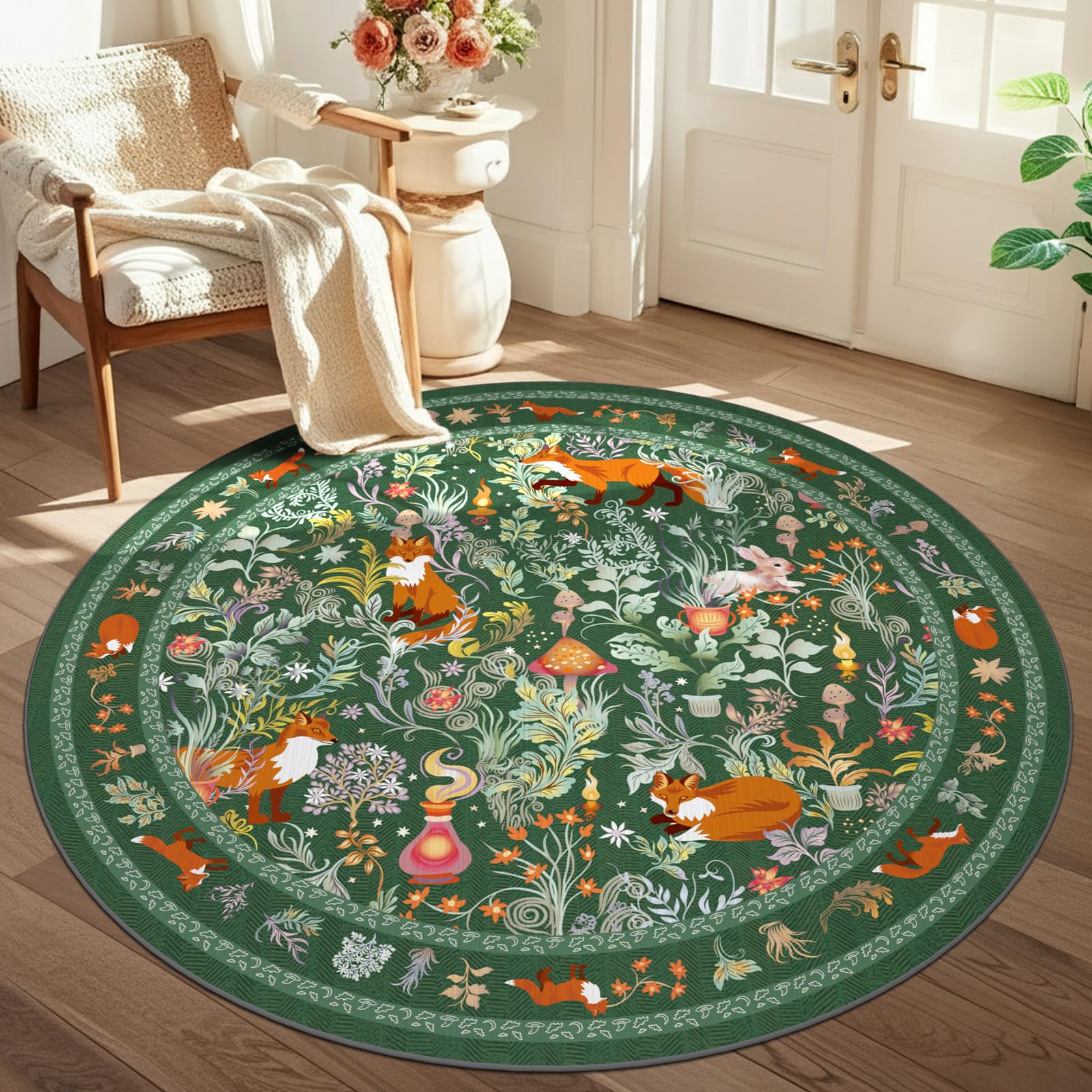 GEANUP Fairytale Round Rugs for Living Room 120cm, Green Washable Circle Area Rugs for Bedroom Non Slip, Soft Low Pile Fox Circular Carpet for Kids Room Dining Room Nursery Kitchen Non-Shed
