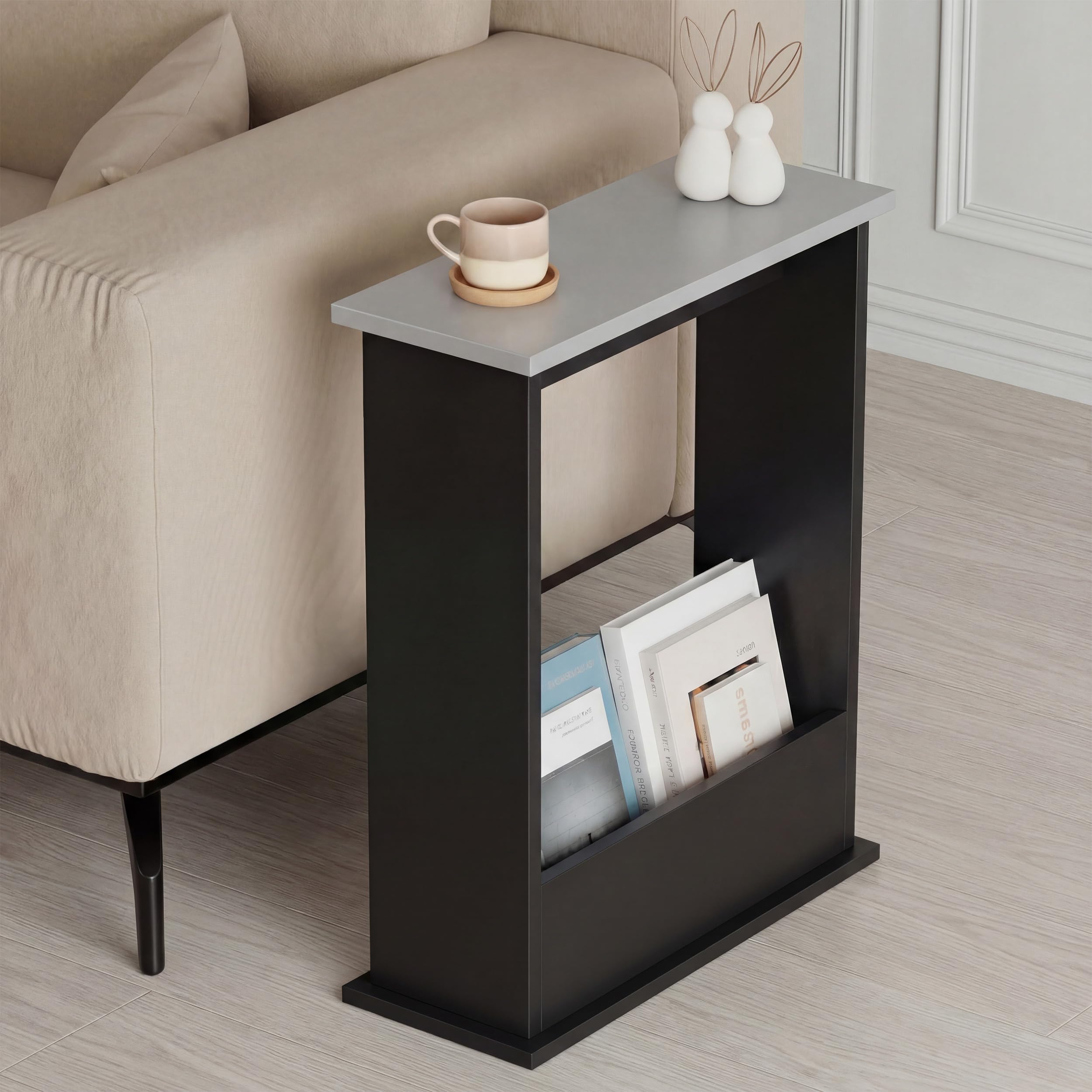 Blisswood Slim Side Table, Small Side Table With Magazine Rack, Modern Style Sofa End Tables For Living Room And Office, Narrow Bedside Tables For Bedroom, Study (55 x 45 x 18 cm, Black & Grey) — image 1