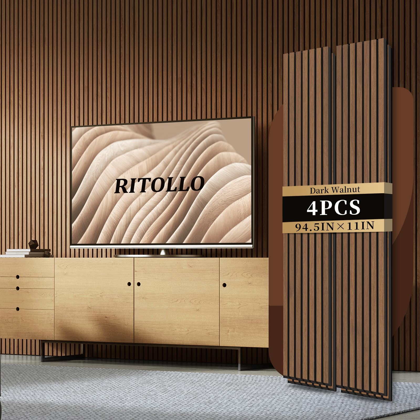 RITOLLO 4-Piece Wood Slat Panels for Wall 94.5"×11" Acoustic Panels for Interior Wall Decor 3D Fluted Sound Absorbing Panels - Walnut