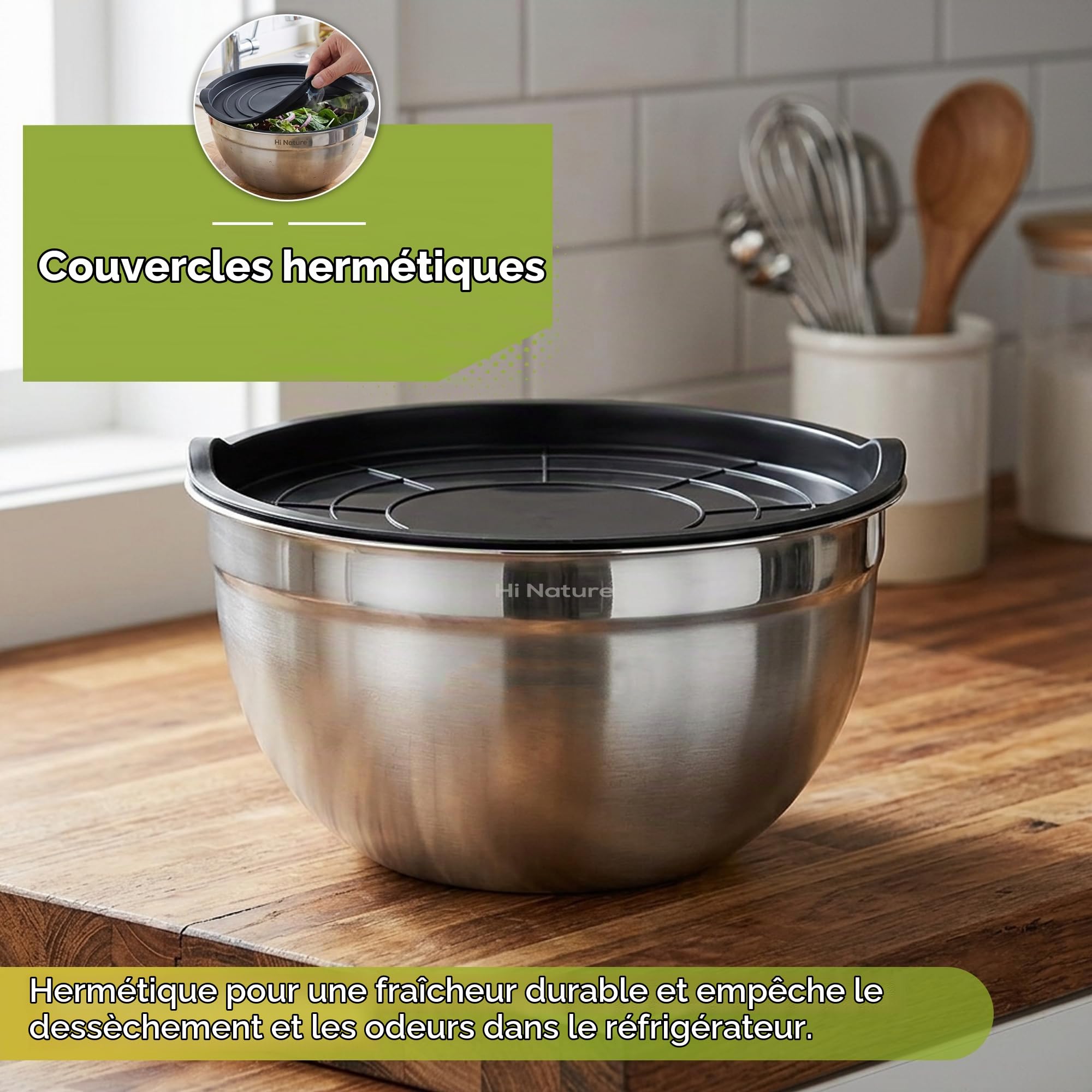 Hi Nature™ Lot de 6 bols mélangeurs avec couvercle en acier inoxydable - Antidérapant et empilable - Passe au lave-vaisselle - Bols de 1,4 l/1,9 l/2,4 l/3,2 l/5 l/6,5 l