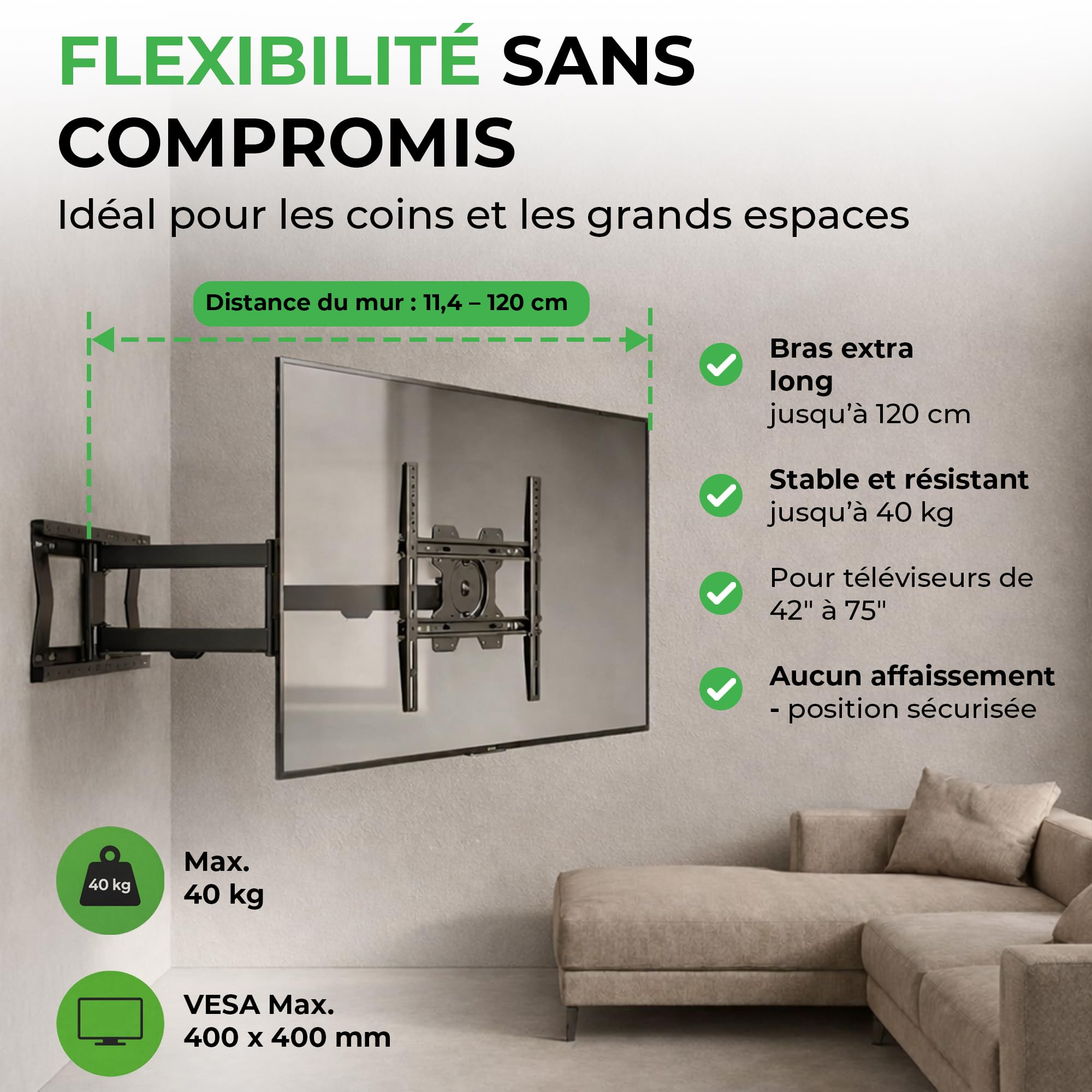 TiTon 120 cm - Support Mural TV - 40 kg - VESA 400x400 - Fixation Murale TV de 42 Pouces à 75 Pouces - Kit Complet d’Installation Inclus