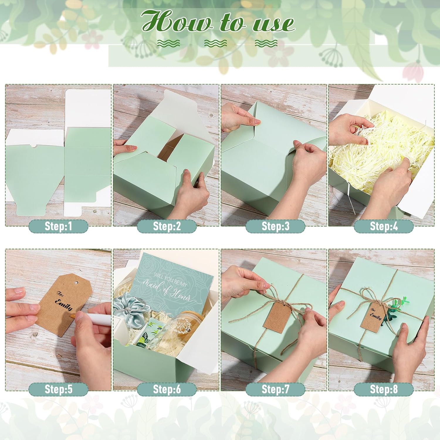 60 Pcs Bridesmaid Proposal Gifts Bridesmaid Box Set, Maid of Honor Gifts Include Box Glass Cup Candle Cards Hair Ties Knotted Bracelets Hand Cream Diamond Pens(Green) - Image 4