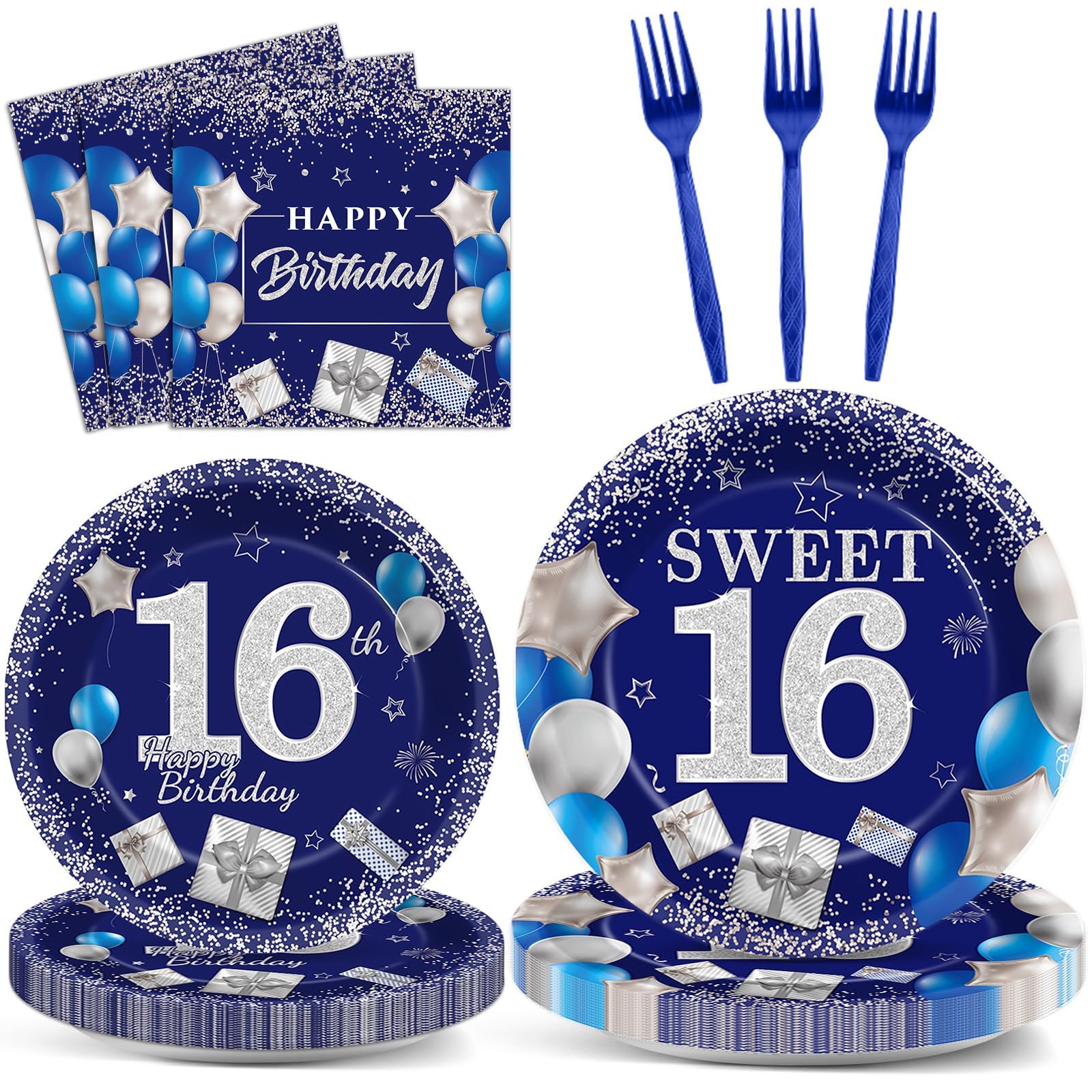 gisgfim 96Pcs 16th Birthday Plates and Napkins Party Supplies Sweet 16 Birthday Party Tableware Set Blue Silver 16th Birthday Decorations Favors for