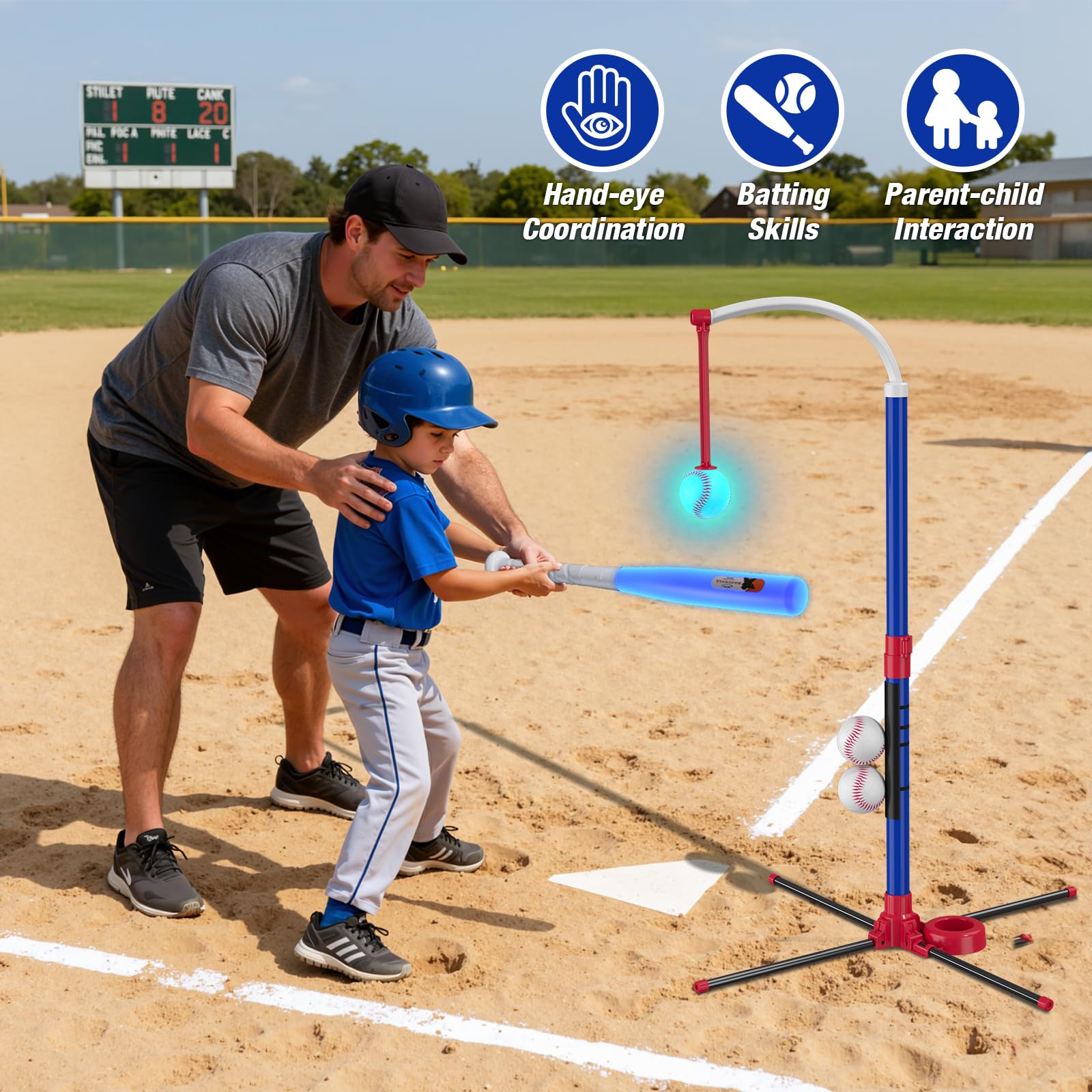 HYES Juego de béisbol LED 3 en 1 para niños de 3 a 5 años, soporte de tee ball, camiseta colgante, lanzador de bolas y 4 pelotas de sóftbol, altura ajustable, regalos deportivos para interiores y