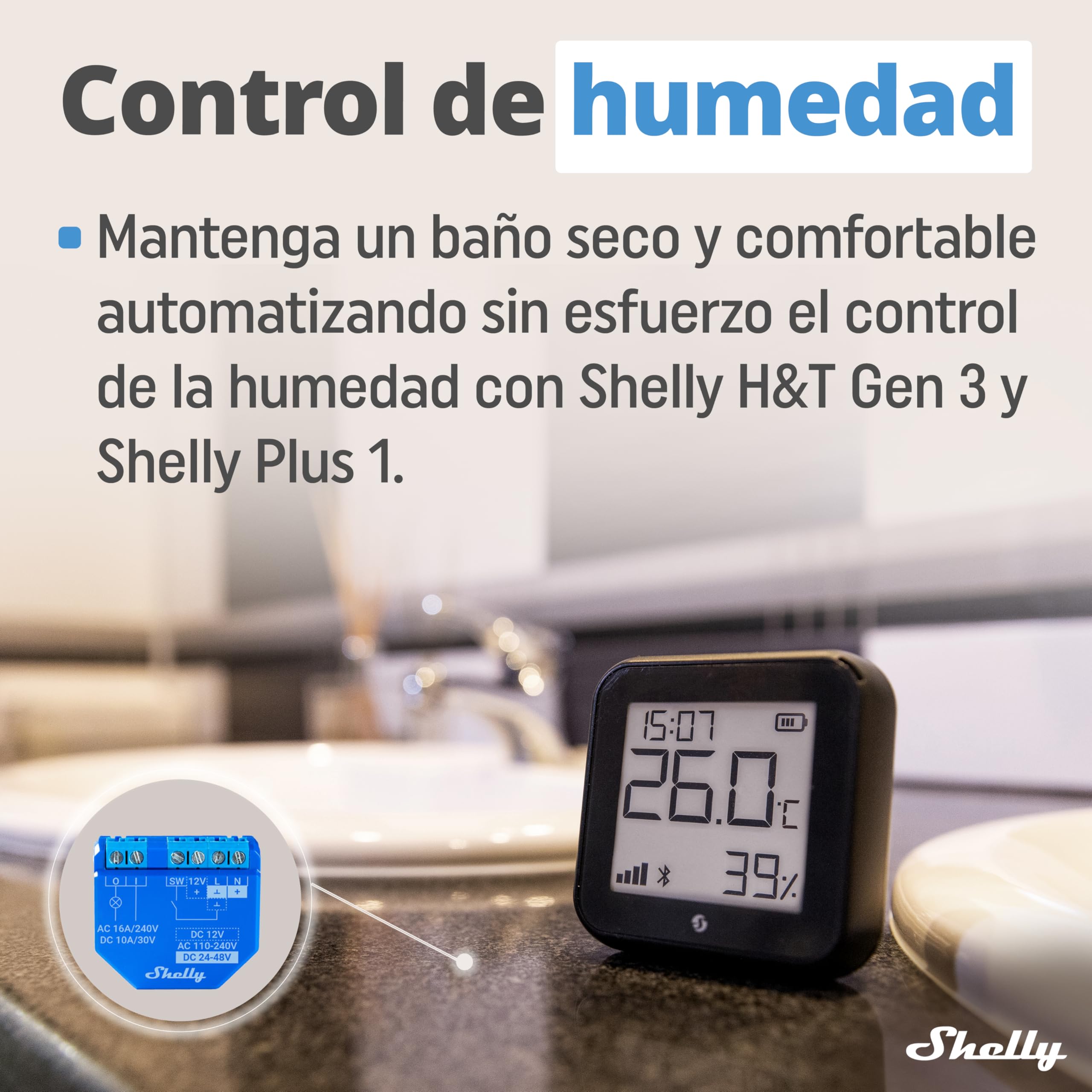 Shelly H&T Gen3 Negro - Termómetro Higrómetro Wi-Fi & Bluetooth, Medidor Inalámbrico de Temperatura y Humedad, Almacenamiento de Datos, Control Remoto por App, Bateria Larga Duración o USB