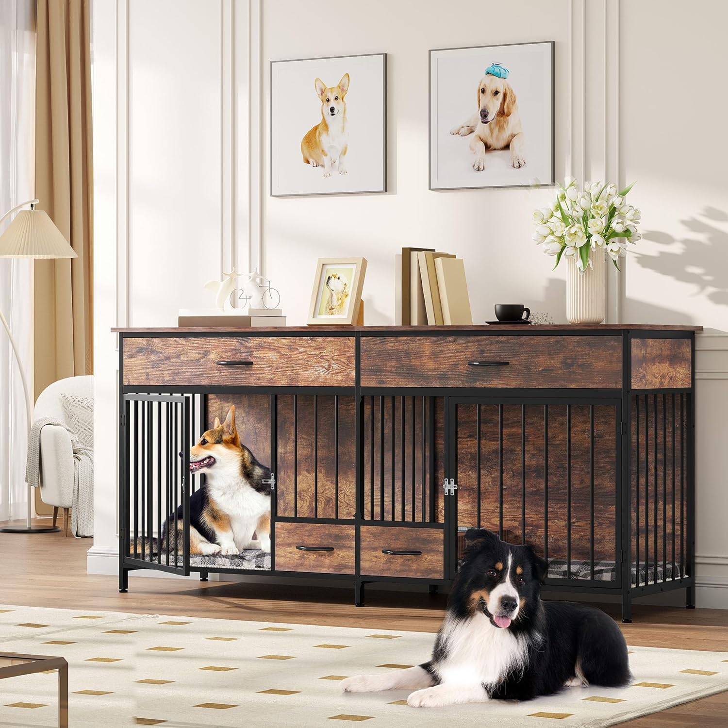YITAHOME 74.8" Double Dog Crate Furniture with Dog Feeder, Heavy Duty Indoor Dog Kennel TV Stand with Drawers, Sturdy Dog Kennel with Divider for 2 Medium Large Dogs, Brown