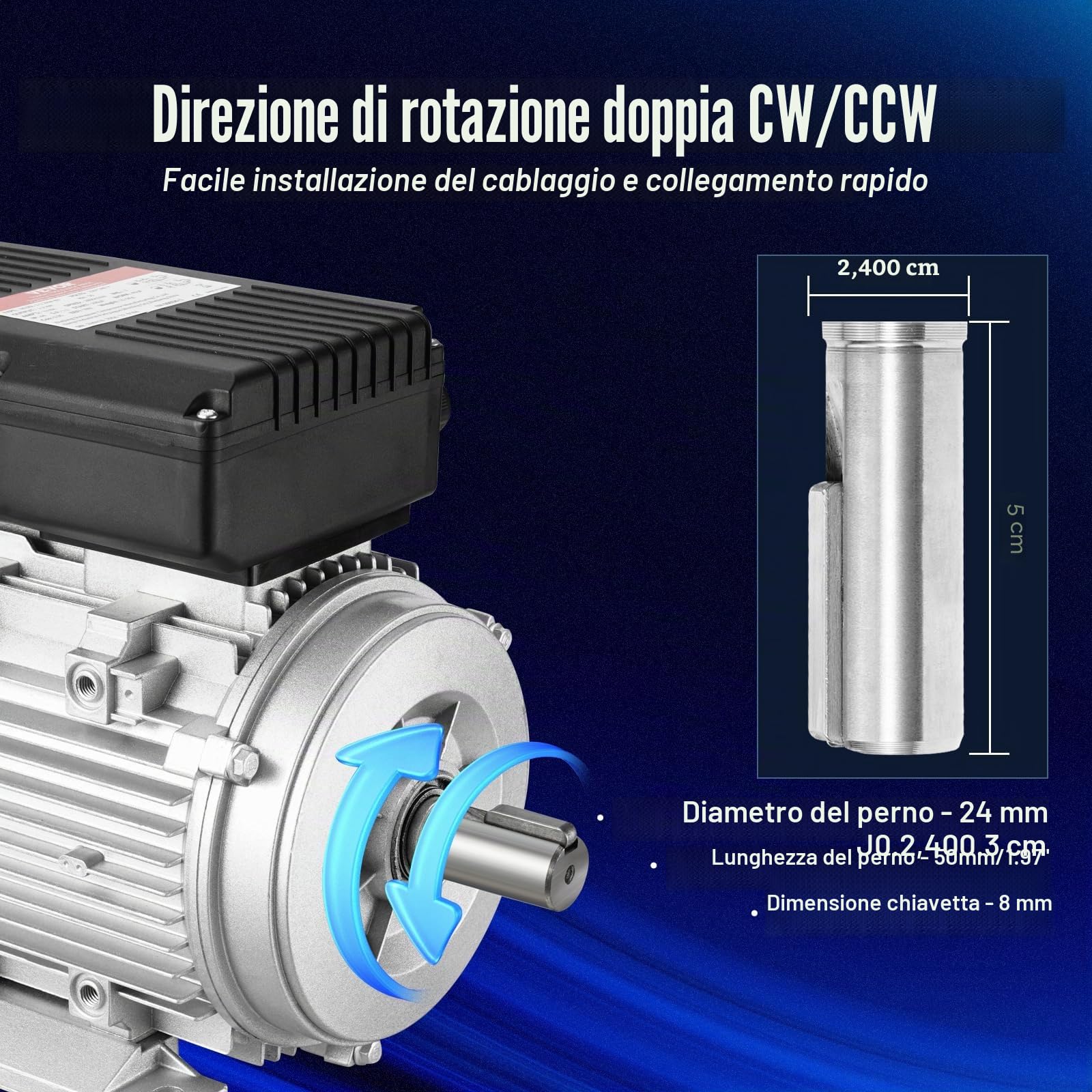 VEVOR Motore Elettrico 2,2KW 2800 Giri/min, AC 220~240V 13,8A, 90L, Telaio B3, Motore Compressore d'Aria Monofase, Albero Chiavetta 24mm, Rotazione CW/CCW Macchine Agricole e Attrezzature Generali