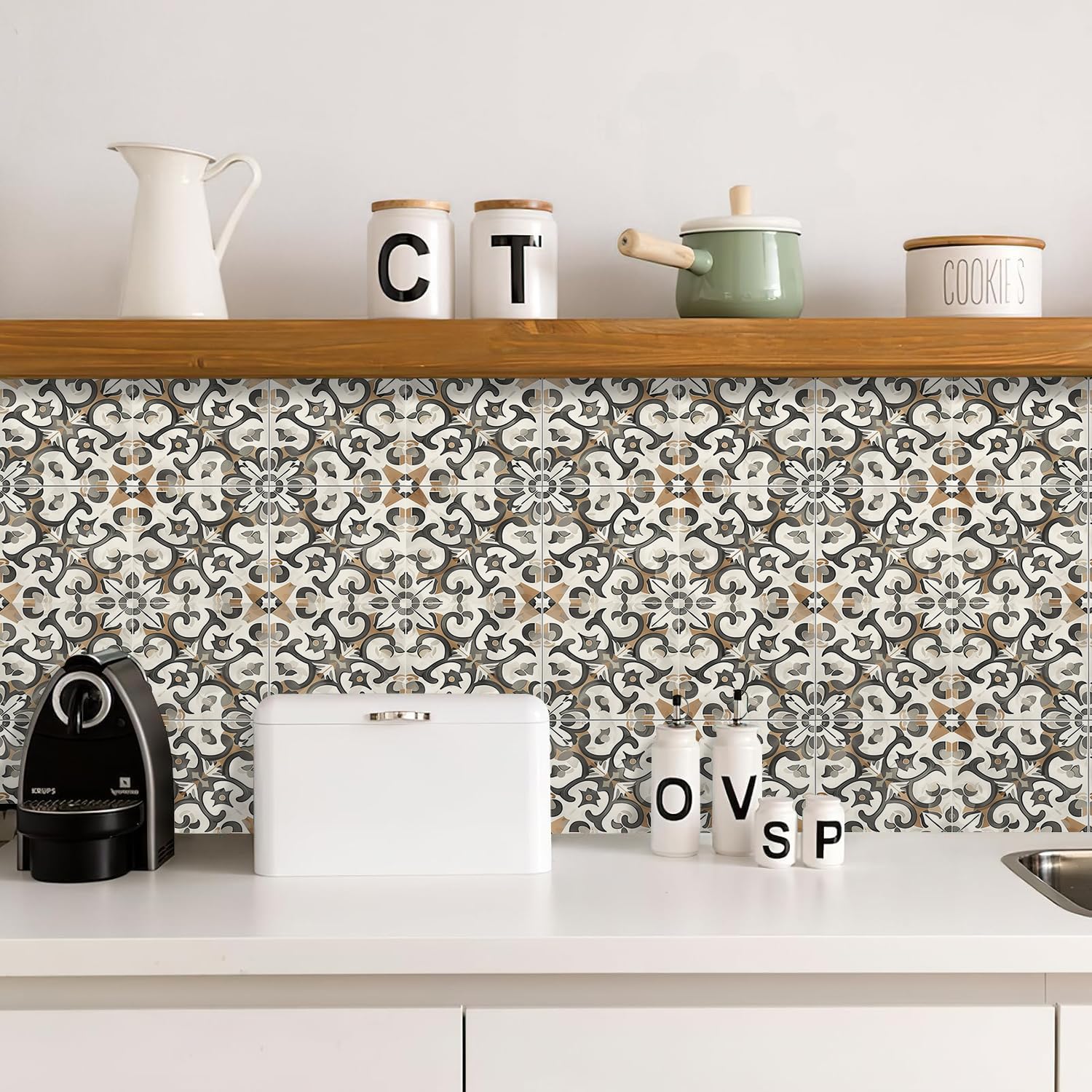 10 piezas de 12 x 12 pulgadas, estilo retro, gris, marrón, geométrico, cuadrado, vintage, pelar y pegar, azulejos de vinilo extraíbles e impermeables para baño, entrada, cocina, bar, habitación
